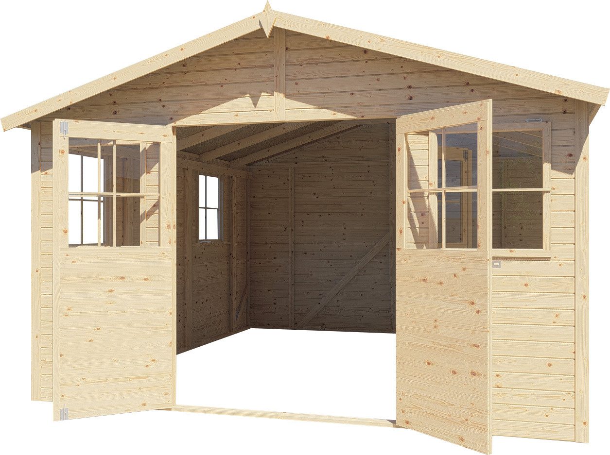 BERTILO Gartenhaus Workshop Carpenter naturbelassen, BxT: 364x459 cm, Großes Gartenhaus aus exakt vorgefertigten Elementen