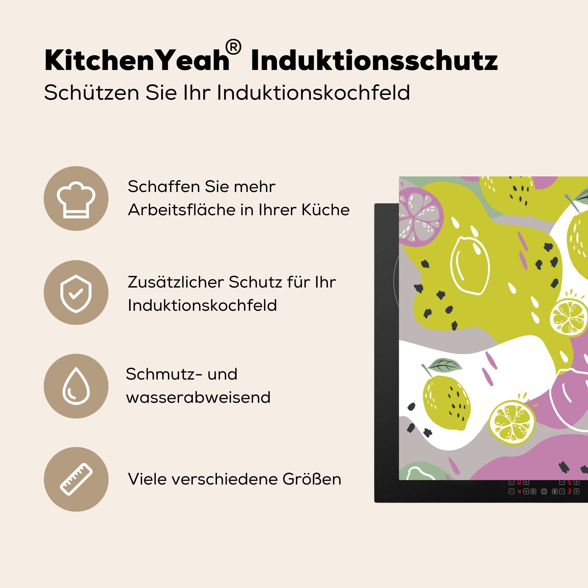 Sommer Induktionskochfeld Farben, küche, cm, Ceranfeldabdeckung Zitronen - tlg), für die 81x52 - Schutz Herdblende-/Abdeckplatte Vinyl, (1 MuchoWow