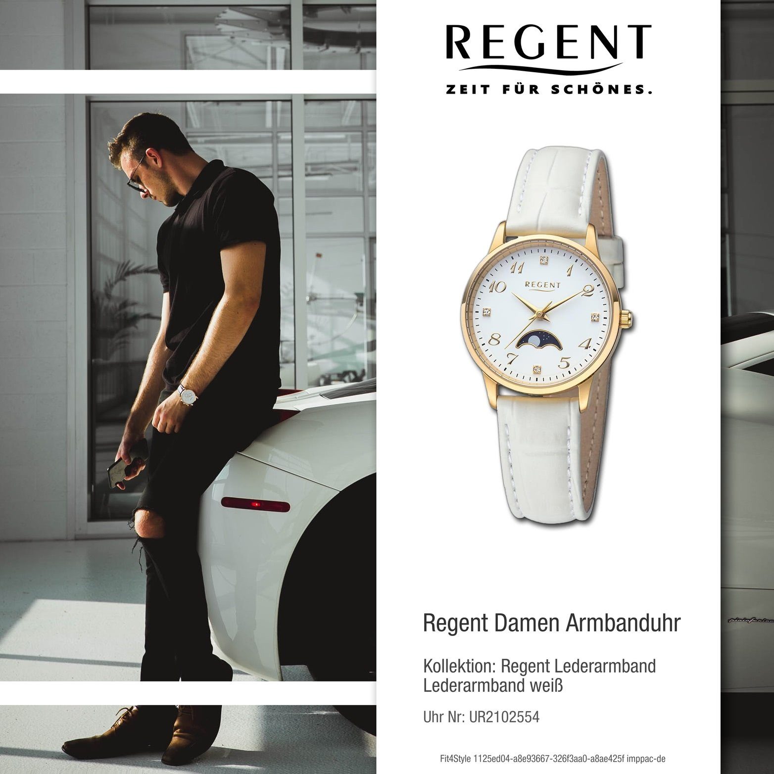 weiß, Regent Damen Quarzuhr (ca. 31,5mm) Damenuhr Armbanduhr rundes Regent Gehäuse, Analog, groß extra Lederarmband