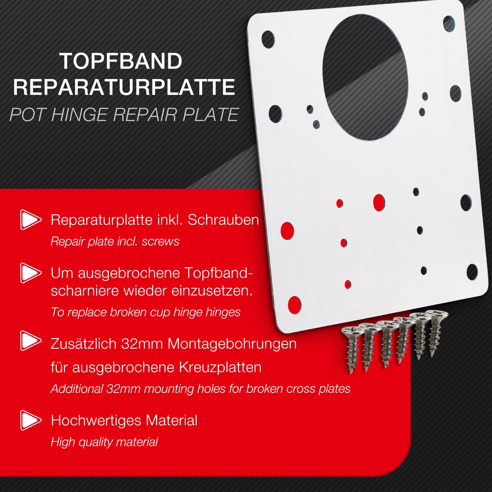 SO-TECH® Möbelbeschlag Topfband Reparaturplatten Edelstahl 90 x 90 x 0,53 mm (4 St), Reparaturset für Topfbänder mit Ø35 mm, Schrankscharnier Top – Bild 3 von 5