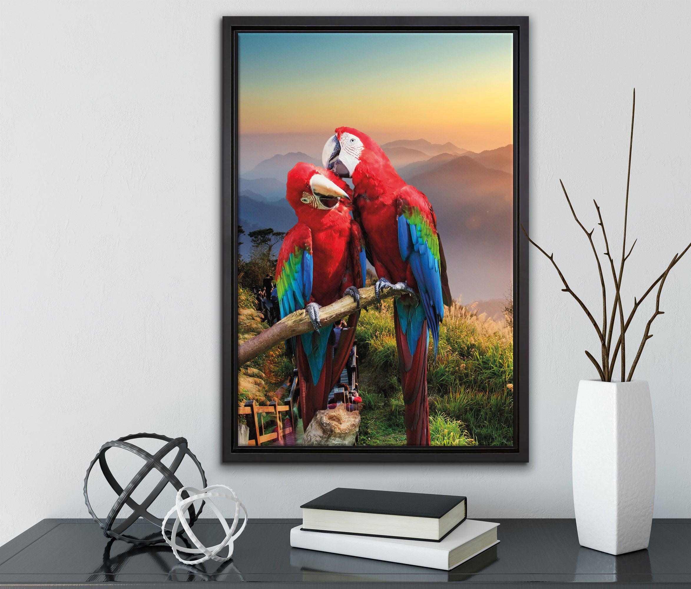 Pixxprint Leinwandbild in einem Wanddekoration inkl. Zackenaufhänger Leinwandbild Papageien fertig (1 St), Pärchen, bespannt, gefasst, Schattenfugen-Bilderrahmen