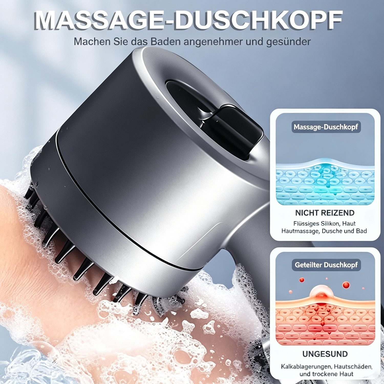 BOOD Handbrause Hochdruck-Duschkopf mit Filter und Ein-Knopf-Stoppfunktion,3 Modi, (Packung, Montage erforderlich), Packungsinhalt Grau2: 1 Handbrause+4 Filterw – Bild 3 von 5