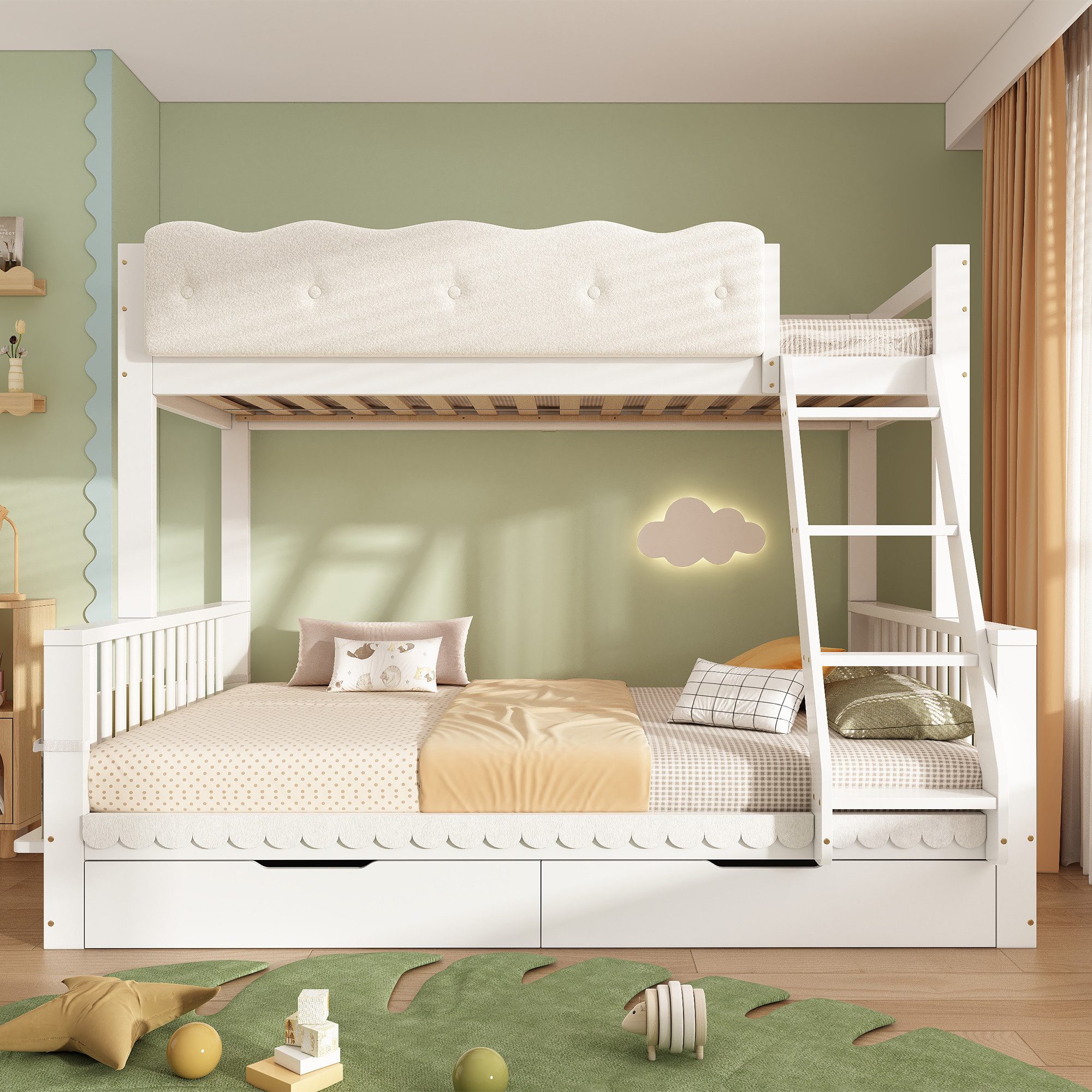 Flieks Etagenbett Kinderbett 90x200+140x200cm, mit Wolken-Geländer, Schubladen und Zeitschriftenständer – Bild 2 von 5