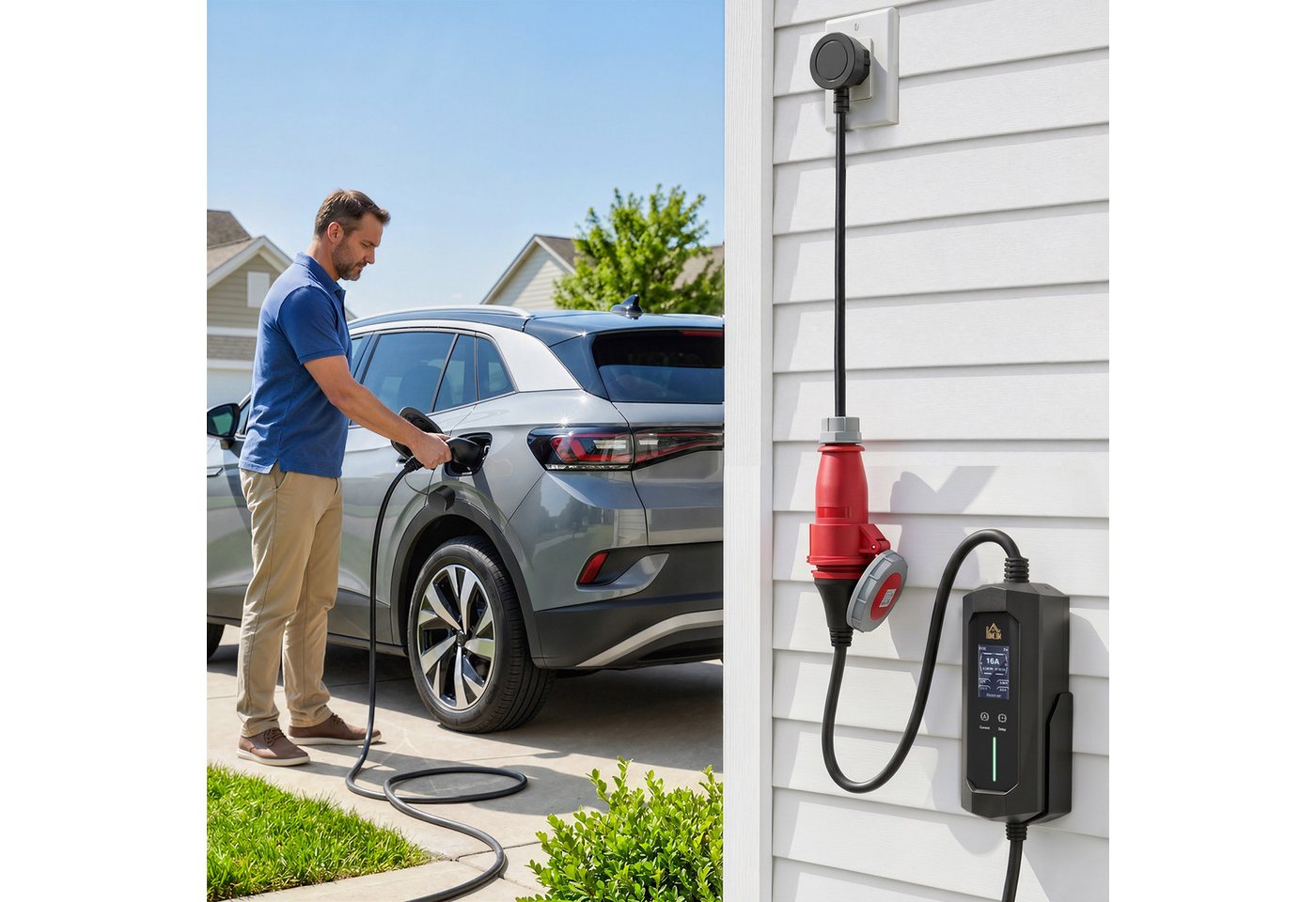 HOMCOM Tragbare Wallbox mit Tasche Autoladekabel, CEE 16A rot, Typ 2, Typ 2, CEE 16A (800 cm), 8 m, 11 kW, IP65, Timer 1–12 h, LCD