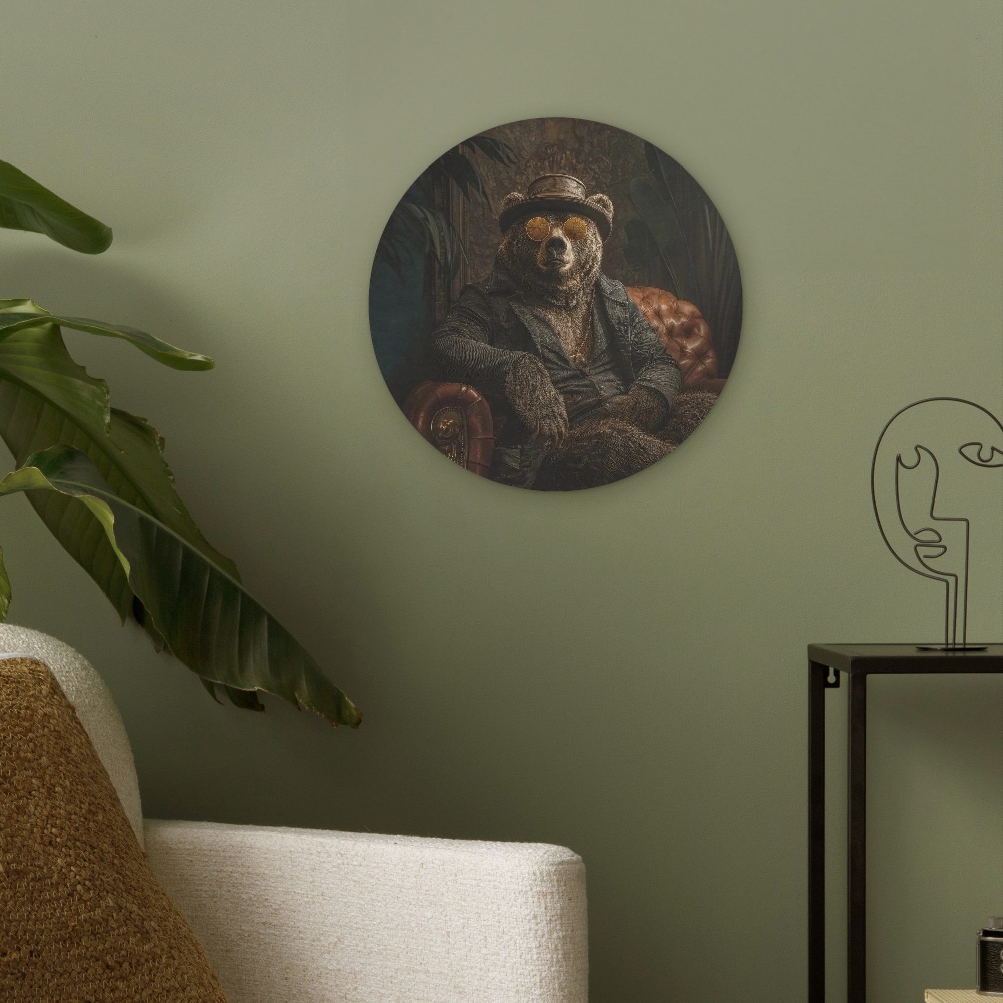 MuchoWow Gemälde Bär - Braun - Anzug - Hut, Fotodruck (1 St), Akustikpaneele rund, Schalldämmung, Akustikbilder 30x30 cm