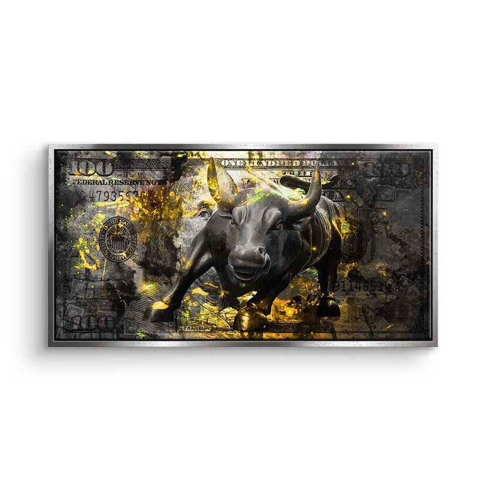 DOTCOMCANVAS® Leinwandbild, Premium Leinwandbild - Motivation - Black Bull - Trading silberner Rahmen