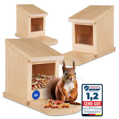 Oramics Eichhörnchenkobel 3x Eichhörnchen Holz Futterhaus Futterstelle Futterbox zum Aufhängen, mit großem Sichtfenster zur besseren Futter-Übersicht