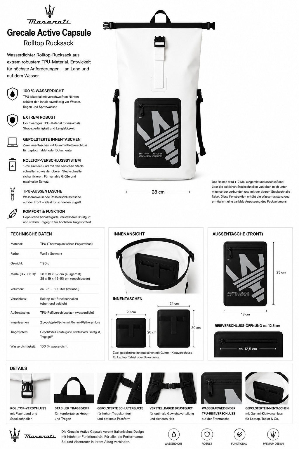 MASERATI Sportrucksack Grecale Active Capsule Rolltop-Rucksack TPU wasserdicht 25–30 L, UV-Schutz, Wassersport – Bild 5 von 5