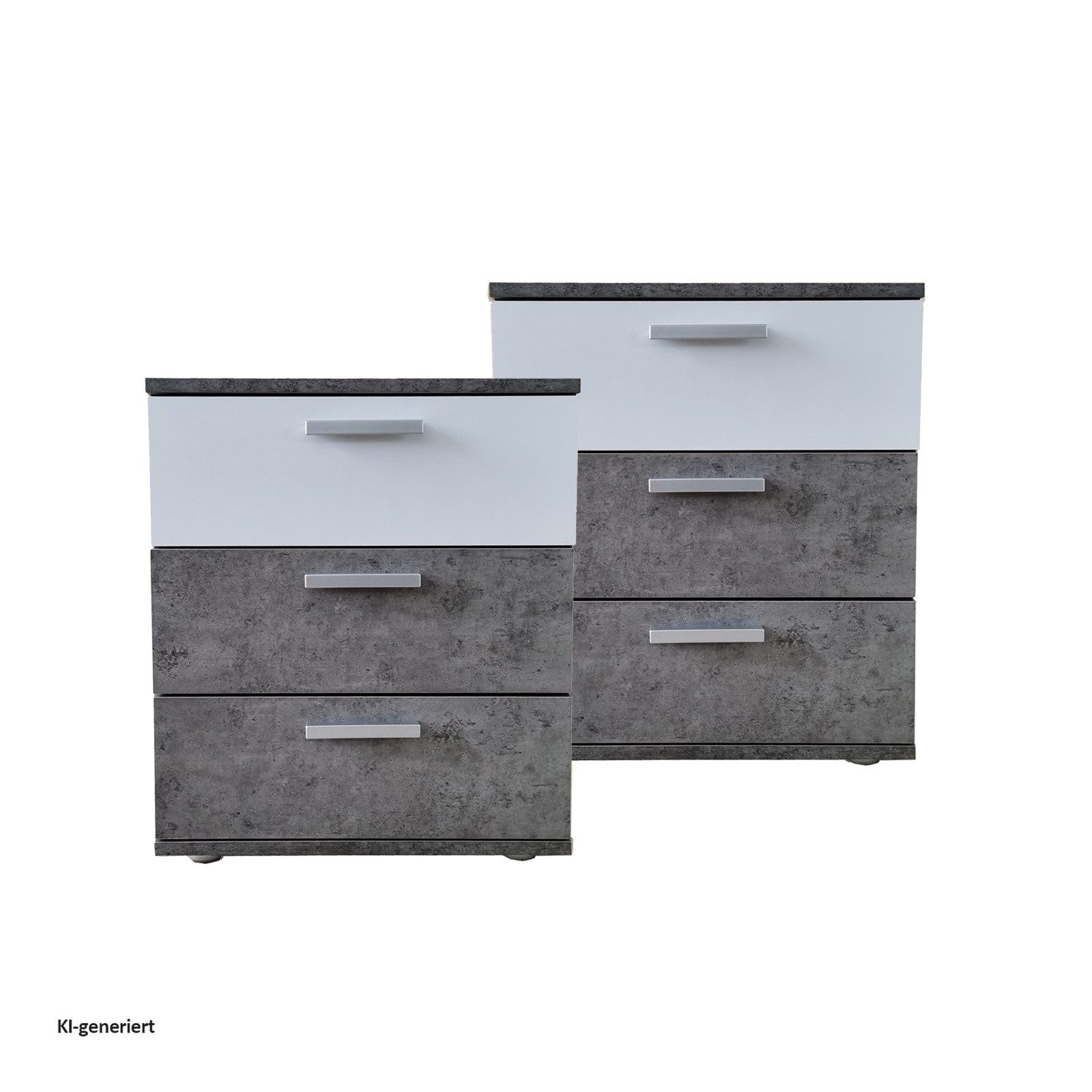 HTI-Living Nachtschrank Nachtkommode 3 Schubladen Nina Beton Weiß 2er-Set (Set, 2-St., 2 Nachtschränke) Nachtschrank Nachttisch