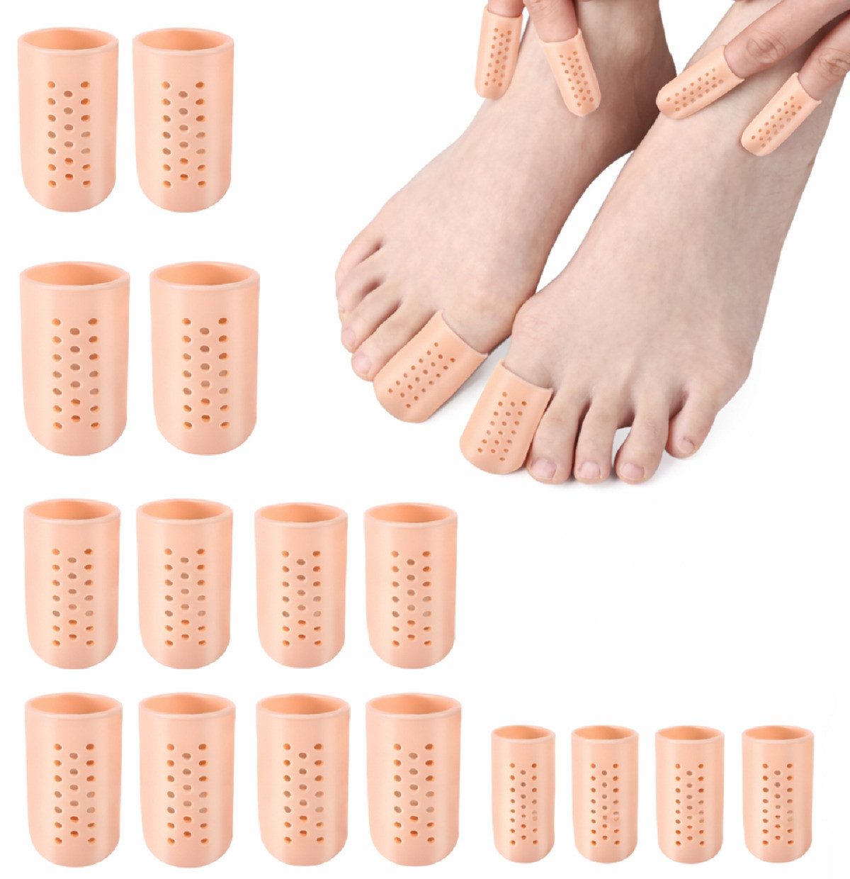 COOL-i ® Zehenschutzpolster Zehenschutzkappen – 16 Stück (S/M/L), Silikon – gegen Blasen, Druckstellen, Hühneraugen & eingewachsene Nägel – wiederverwendbar