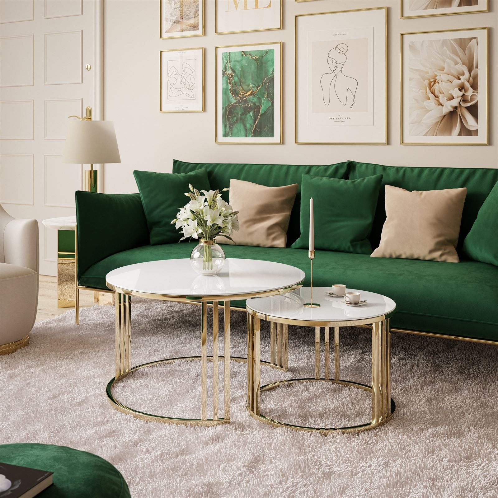 Lookway Couchtisch LORI 2in1 GLASS runder Couchtisch mit gold chrom Gestell (2er Set), Durchmesser: ⌀70 cm und ⌀50 cm
