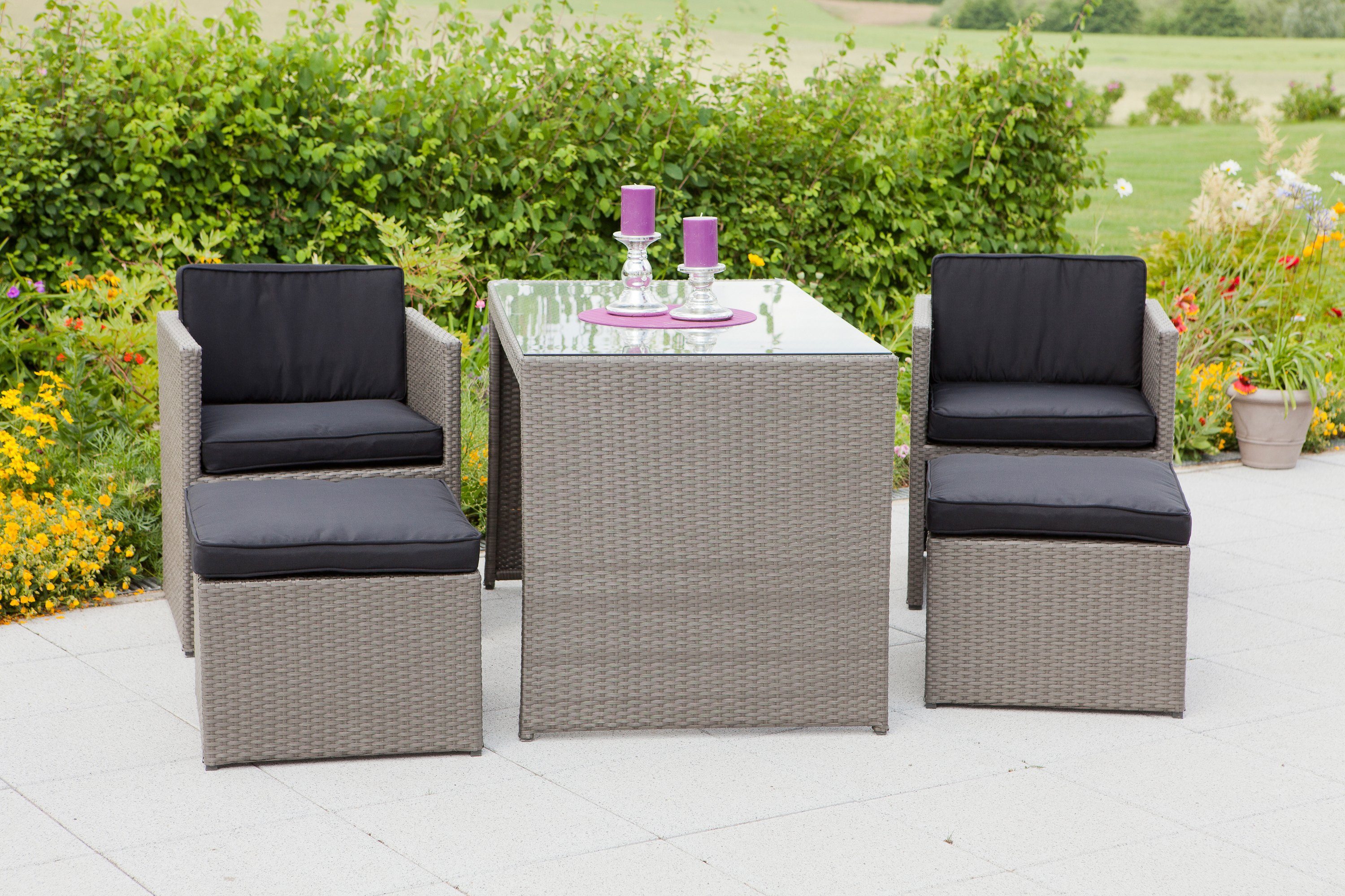 MERXX Garten-Essgruppe Merano, (11-tlg), 2 Sessel, 2 Hocker, Tisch 128x70 cm, Polyrattan