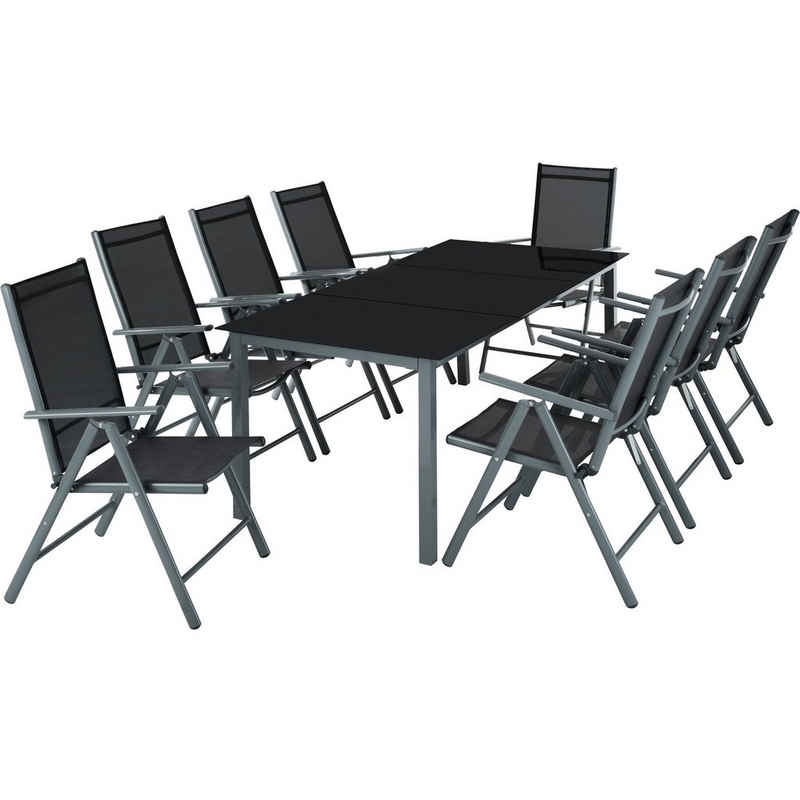 tectake Essgruppe »Aluminium Sitzgruppe 8+1«, (Komplettset, 9-tlg., Set aus Stühlen und Esstisch), pflegeleicht, klappbare Stühle, Sicherheitsglas, platzsparend, wetterfest, mit Rückenlehne