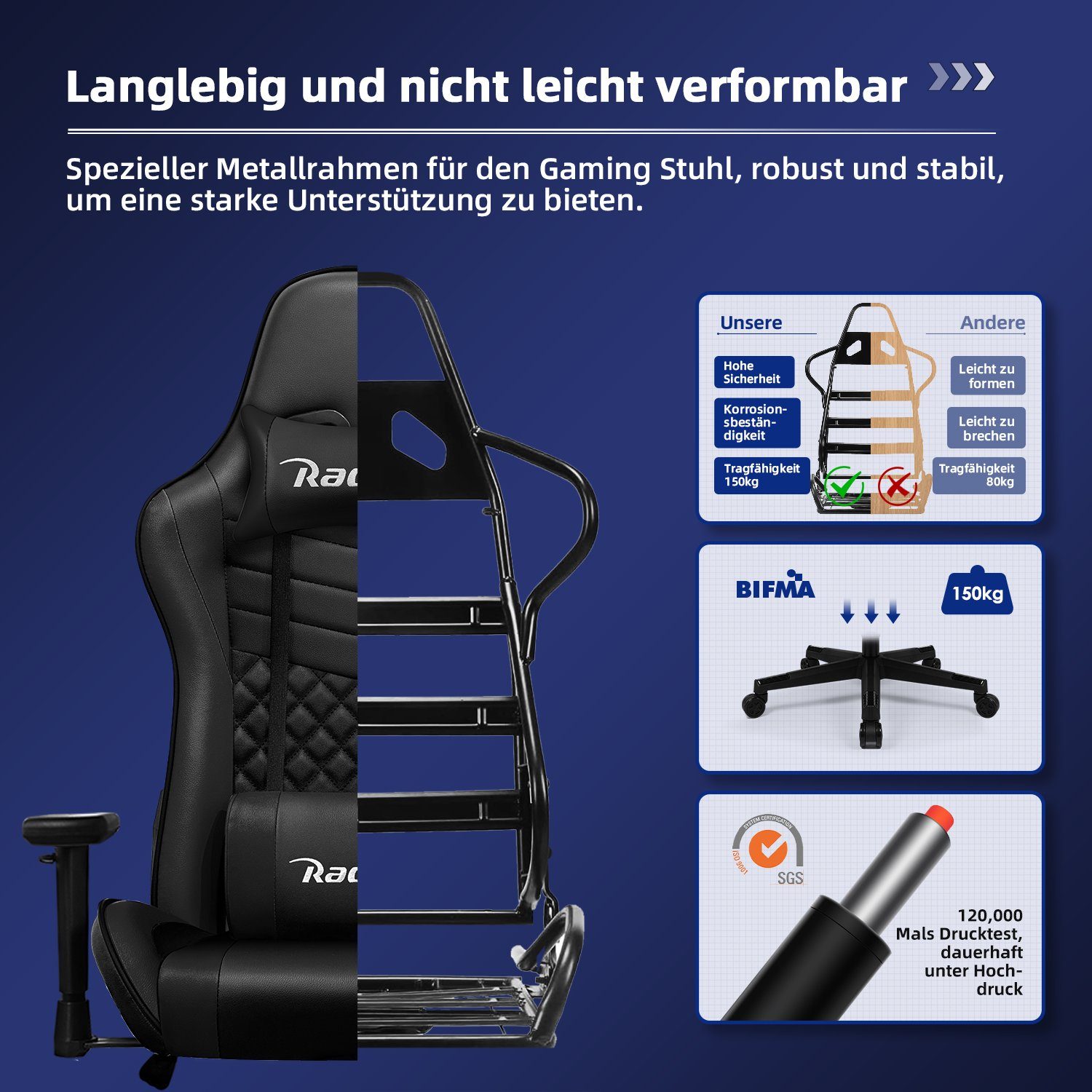 Hiazurm Gaming-Stuhl Gaming Stuhl, Bürostuhl Ergonomisch Wippfunktion bis zu 170° (Gaming Chair mit gepolsterten Armlehnen, 10 cm Höhenverstellung), Verstellbar – Bild 5 von 5