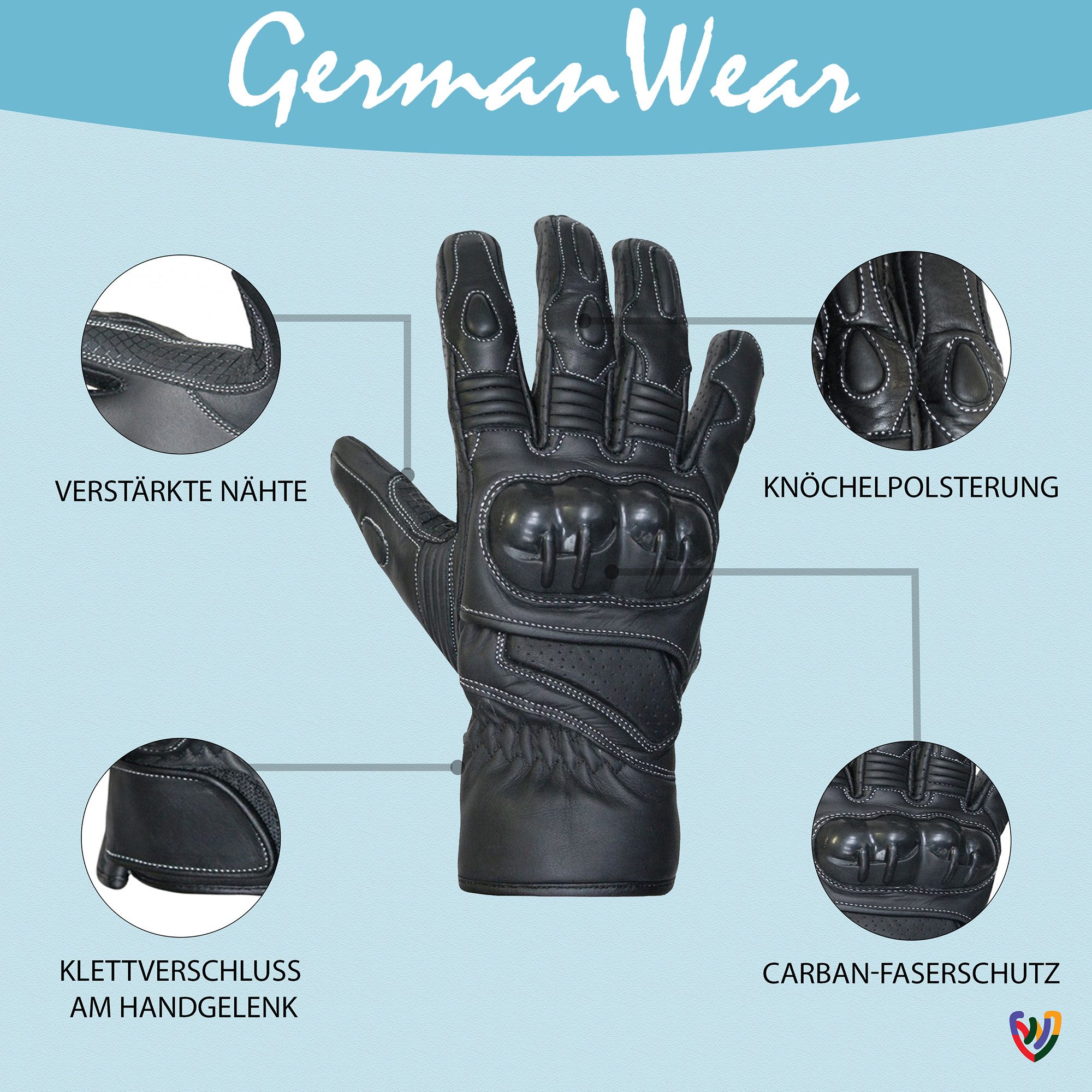 German Wear Motorradhandschuhe GW400G-M7 Motorradhandschuhe Lederhandschuhe Schwarz – Bild 4 von 5