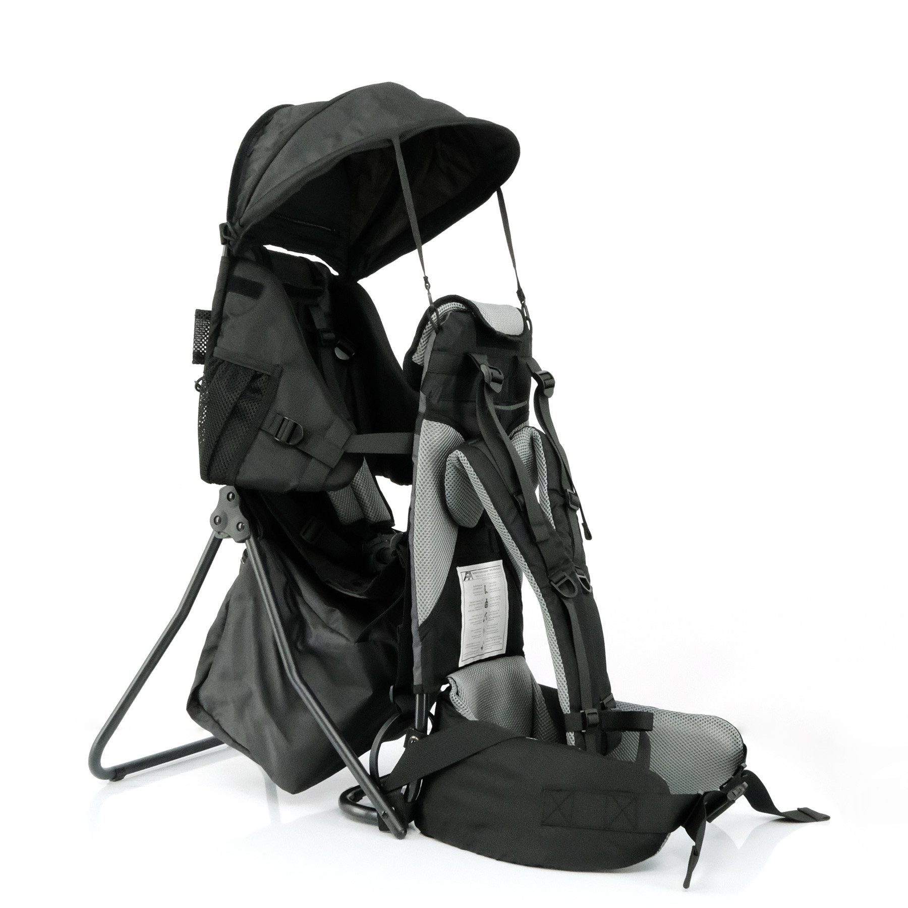 FASports Rückentrage Lil' Boss Kinderkraxe, Kindertrage (schwarz-grau, 1-tlg), Babytrage, 5-Punkt-Sicherungsgurt, Regen- und Sonnendach, Taschen