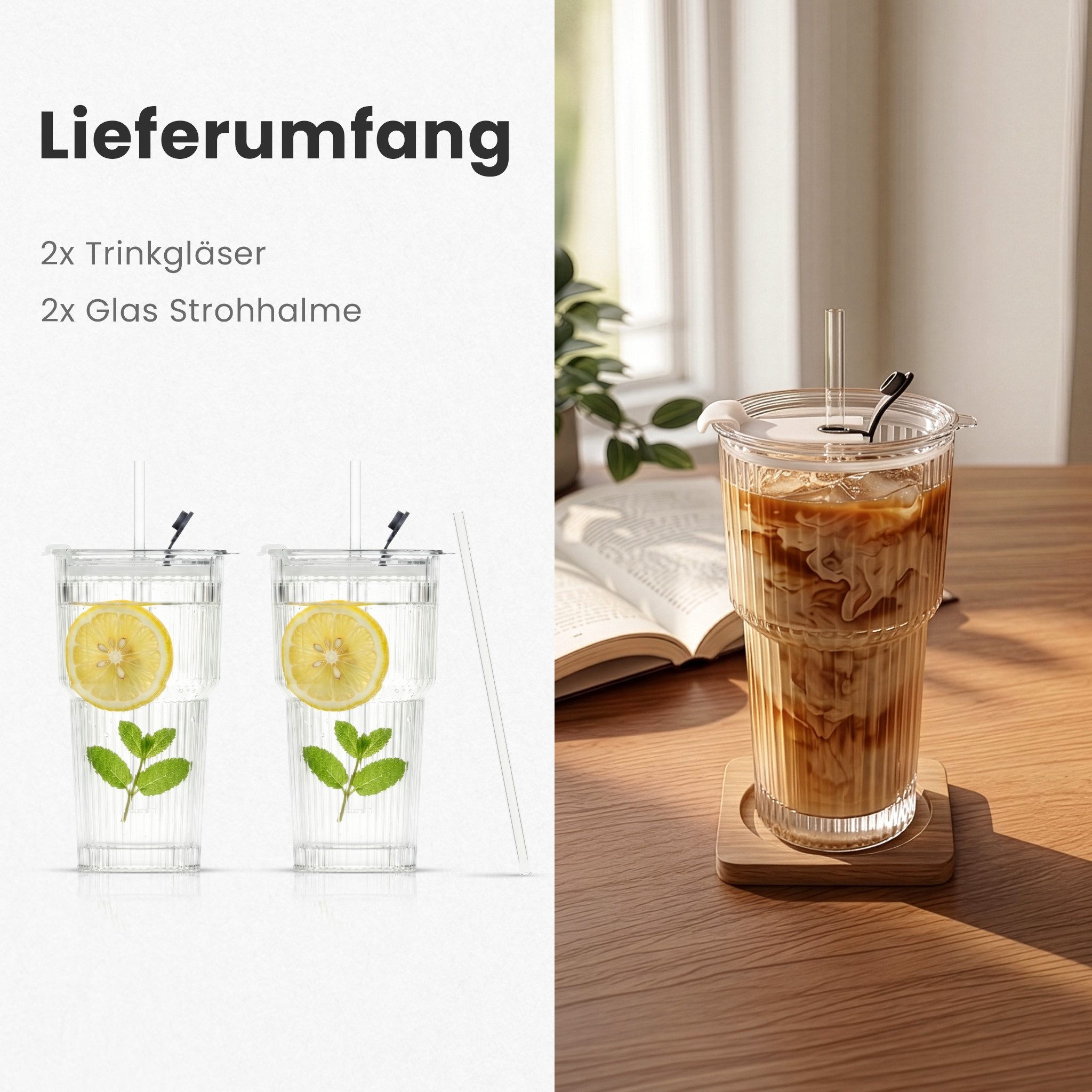 Lemontree Gläser-Set Glasbecher mit Deckel und Strohhalm 2er Set – 600ml Trinkgläser, 2-tlg., Geriffelte Trinkgläser mit Deckel – auslaufsicherer Smoothie Becher