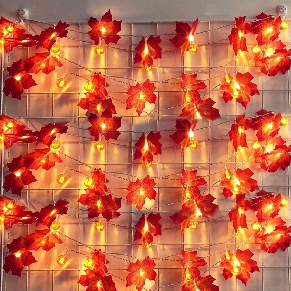 MUPOO LED-Lichterkette LED Nachtlicht Halloween Deko, 1.5/3/6m, 10/20/40LEDs, Batterie, Warmweiß, LED Dekolicht, Ahornblatt Kürbis Girlande,für Thanksgiving – Bild 3 von 5