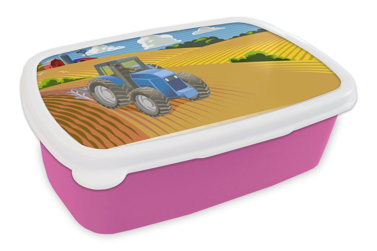 MuchoWow Lunchbox Traktor - Landwirt - Wolken, Kunststoff, (2-tlg), Brotbox für Erwachsene, Brotdose Kinder, Snackbox, Mädchen, Kunststoff rosa