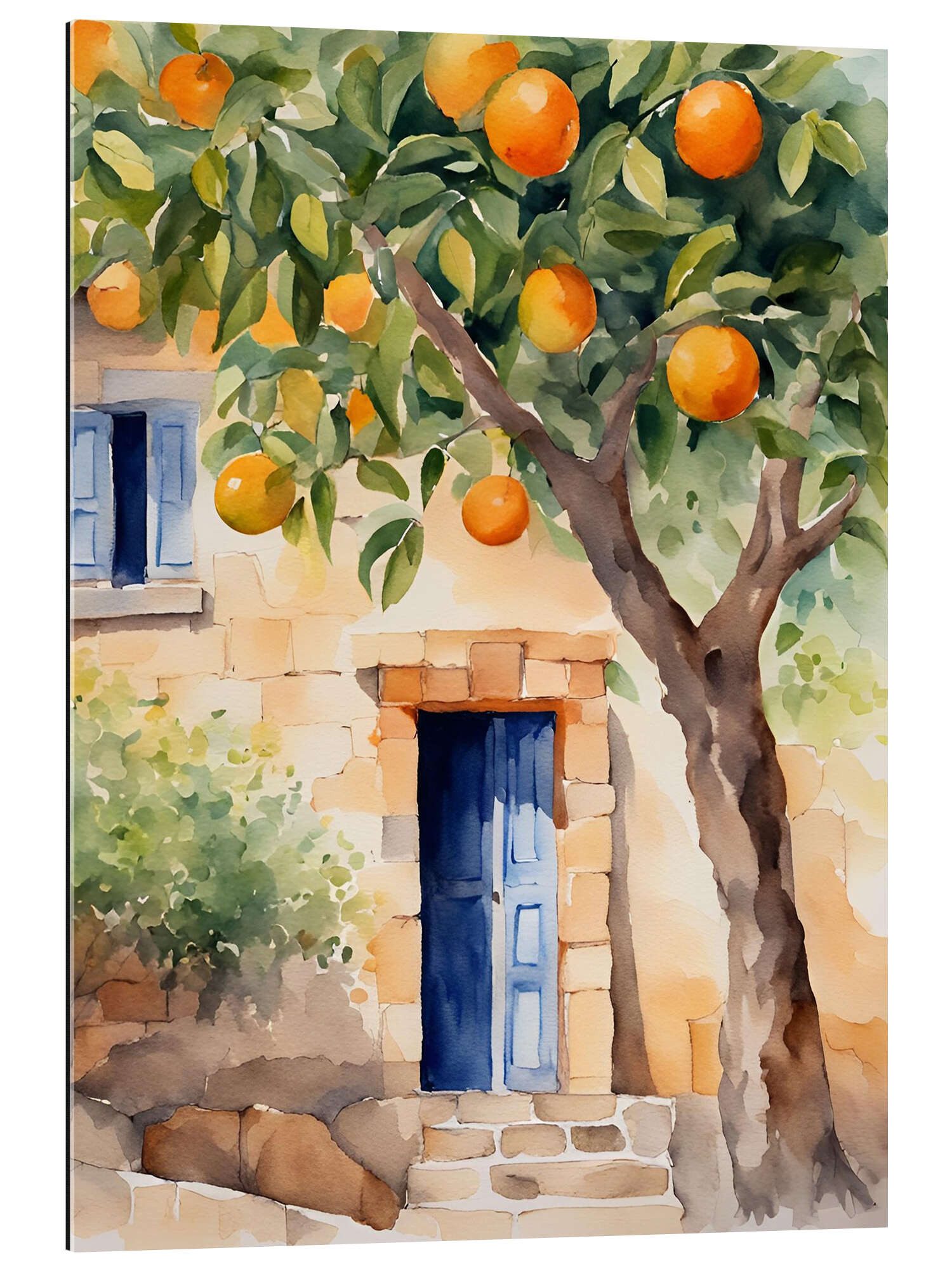 Wandbild Orangenbaum vor Natursteinhaus