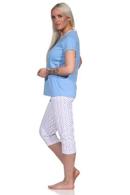 Normann Pyjama Damen Capri Pyjama, Schlafanzug mit Front-Print und Punkten