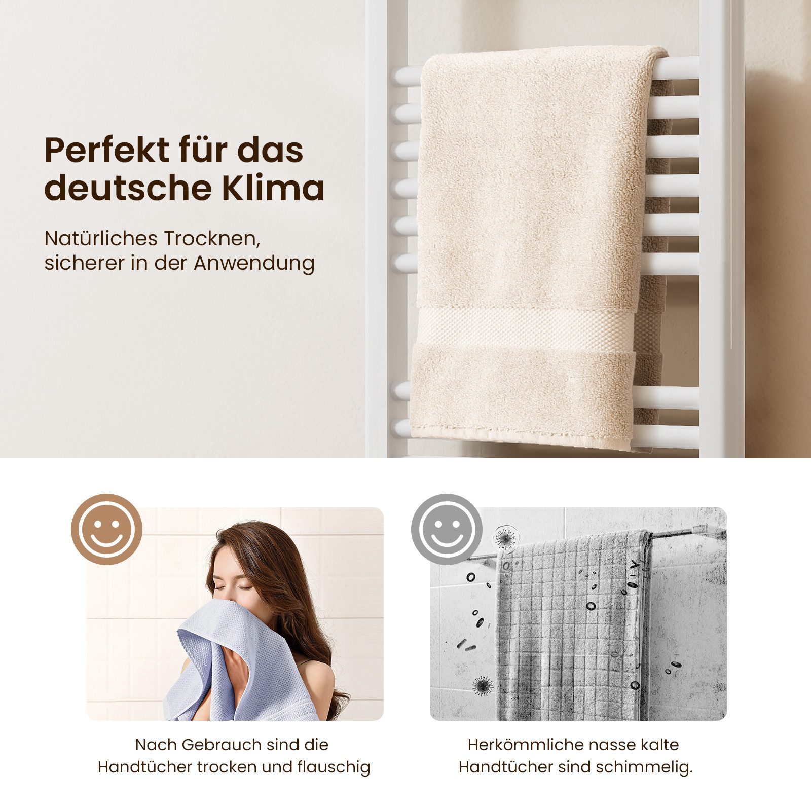 MEYKOERS Badheizkörper Handtuchheizkörper Mittelanschluss Handtuchtrockner für Badezimmer, Weiß/Anthrazit, Mittelanschluss oder seitlicher Anschluss
