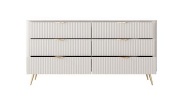 Furnix Kommode Katine 163 cm Design Sideboard mit 6 Schubladen Metallfüße, Leise schließende Schubladen, Deign & Funktionalität