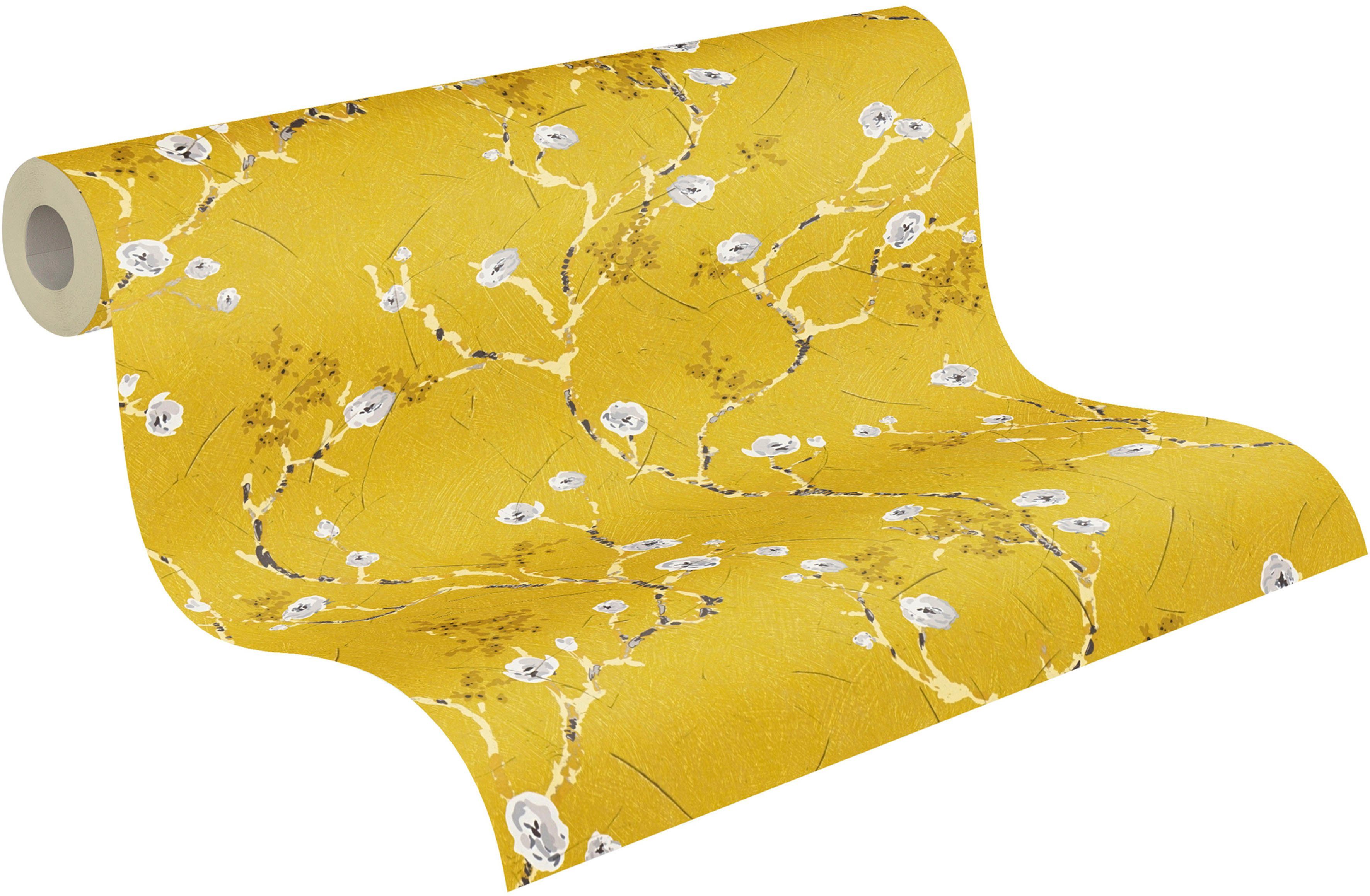 Vliestapete PintWalls (1 A.S. Création matt, St), gelb/grau Asiatisch Mandelblüte, glatt,