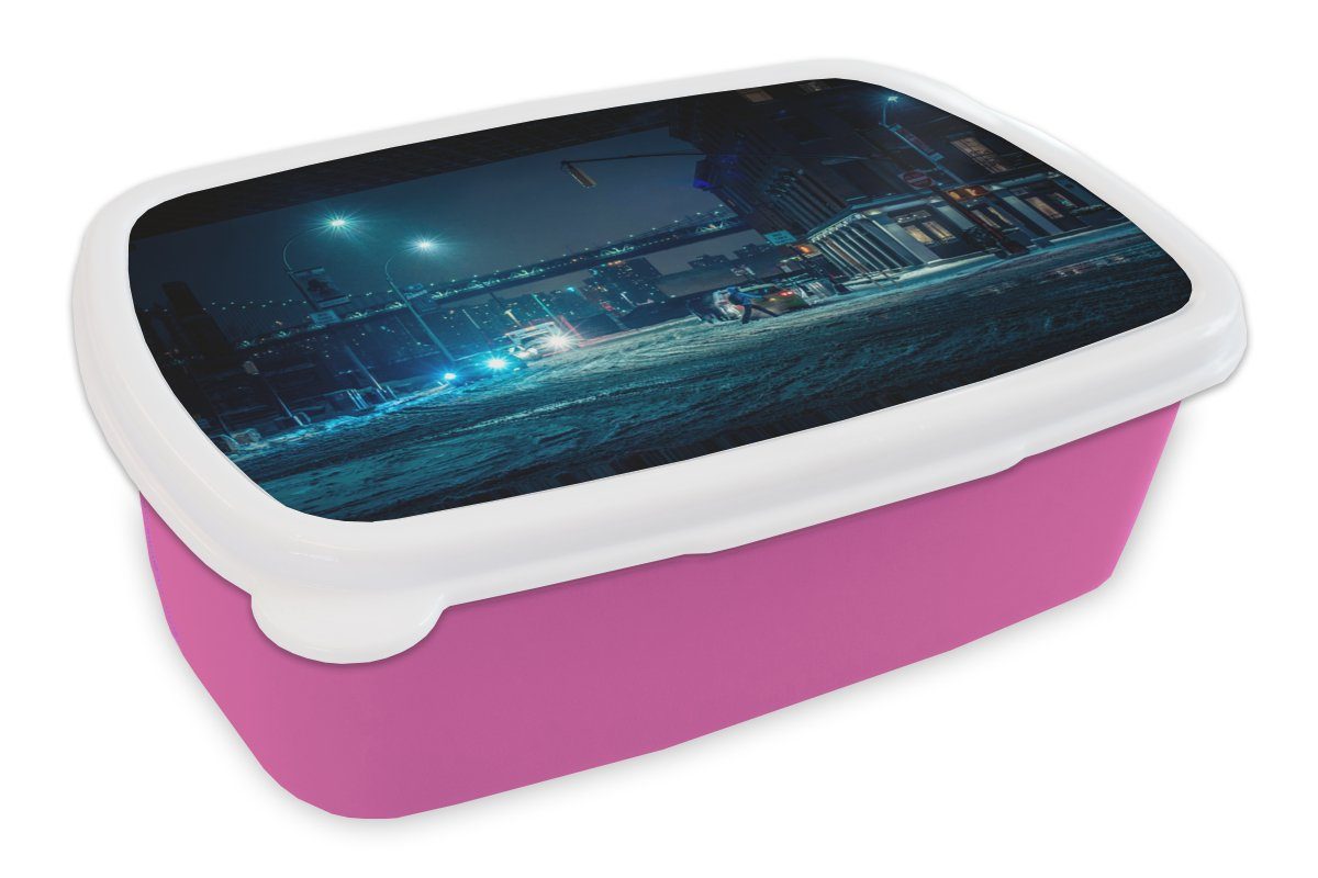MuchoWow Lunchbox New York - Brooklyn - Brücke, Kunststoff, (2-tlg), Brotbox für Erwachsene, Brotdose Kinder, Snackbox, Mädchen, Kunststoff rosa