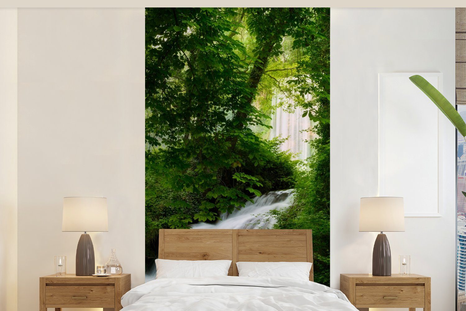 MuchoWow Fototapete Wasserfall - Natur - Grün, Matt, bedruckt, (2 St), Vliestapete für Wohnzimmer Schlafzimmer Küche, Fototapete