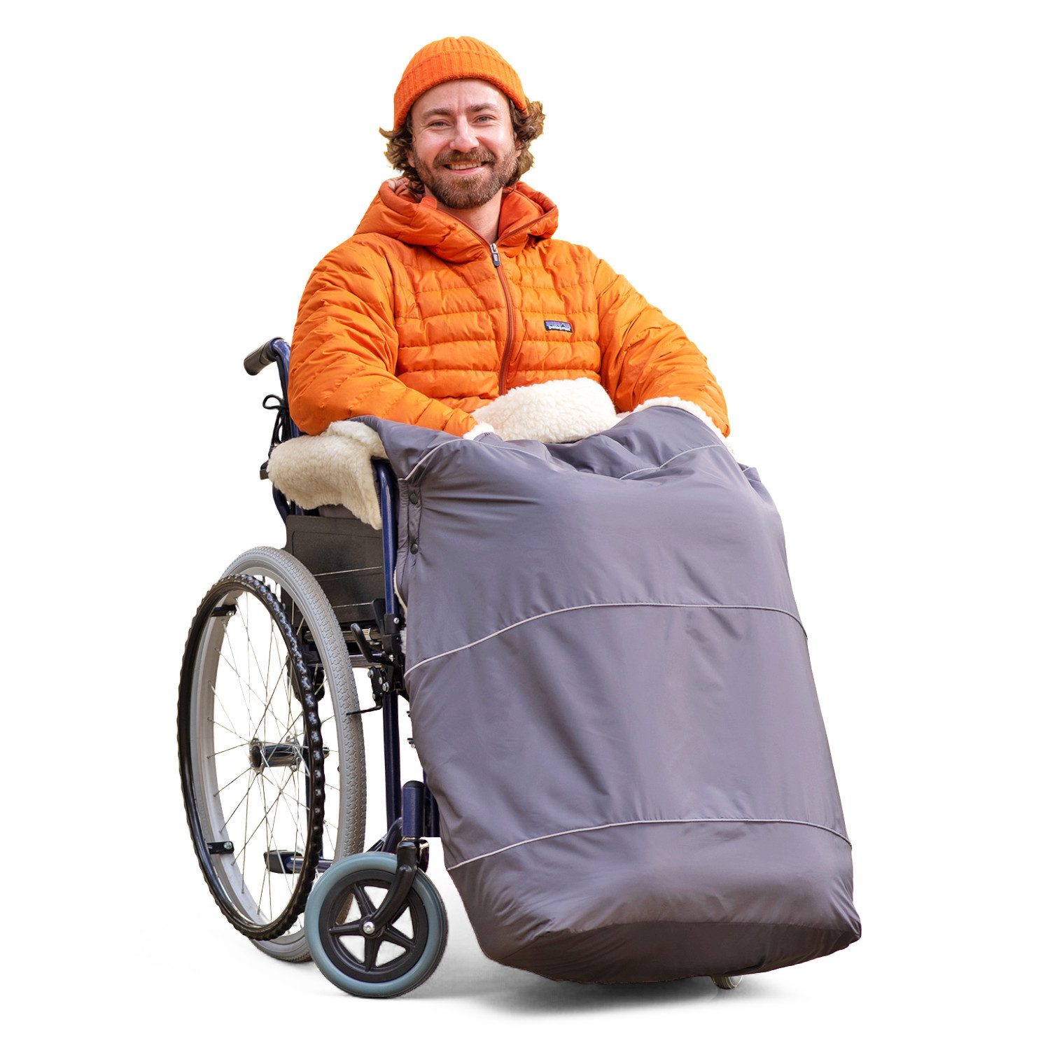 novely® Fußsack KARLO PRO Rollstuhl-Fußsack Lammwolle/Polyester für Rollstühle mit Arm, Wetterfest; Thermo-warm und Ultraweich