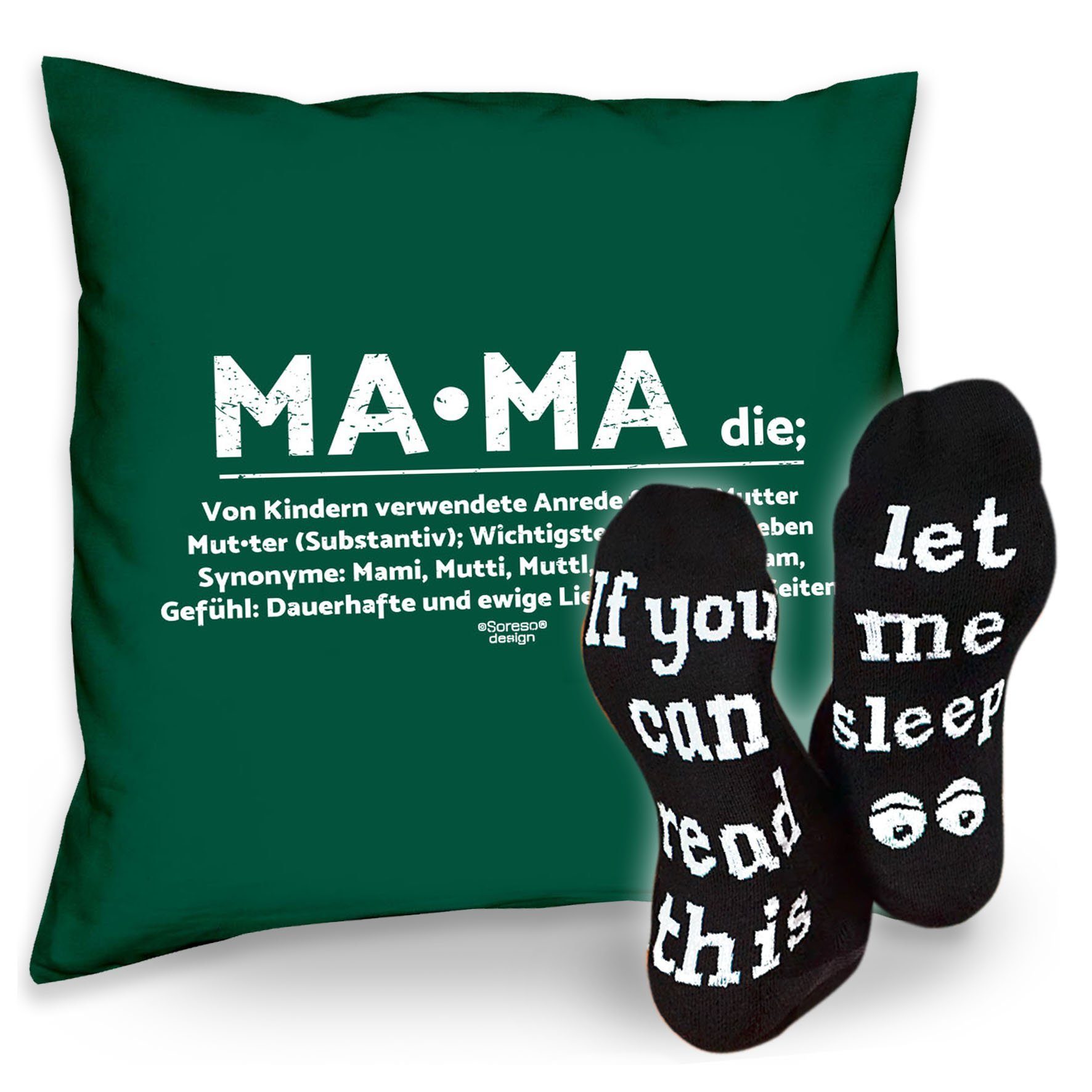 Soreso® Dekokissen Kissen Mama & Sprüche Socken Sleep, Geschenke Weihnachten Geburtstag Muttertag dunkelgrün