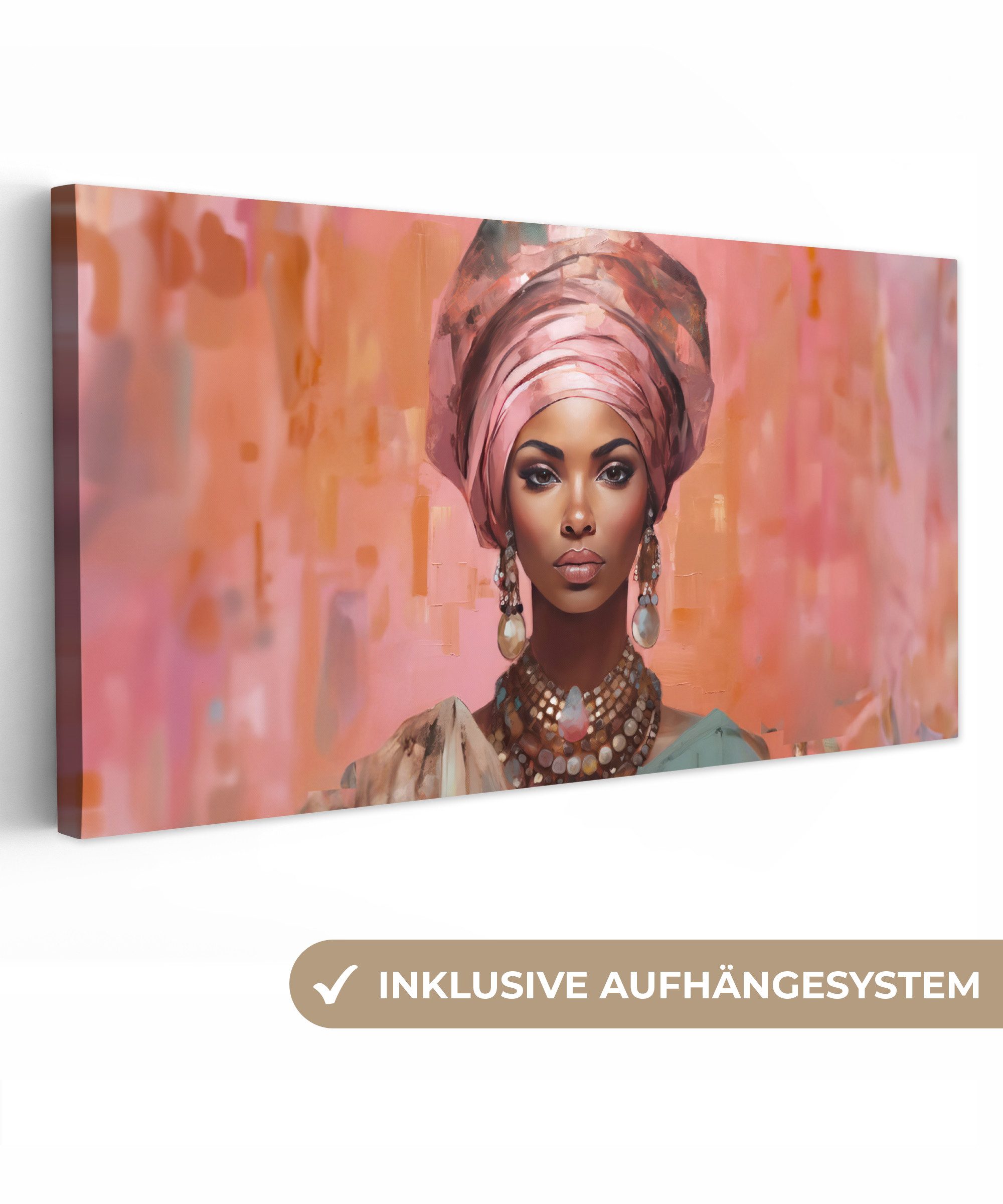 OneMillionCanvasses® Leinwandbild Panorama Kunst - Frau - Rosa - Schmuck - günstig online kaufen