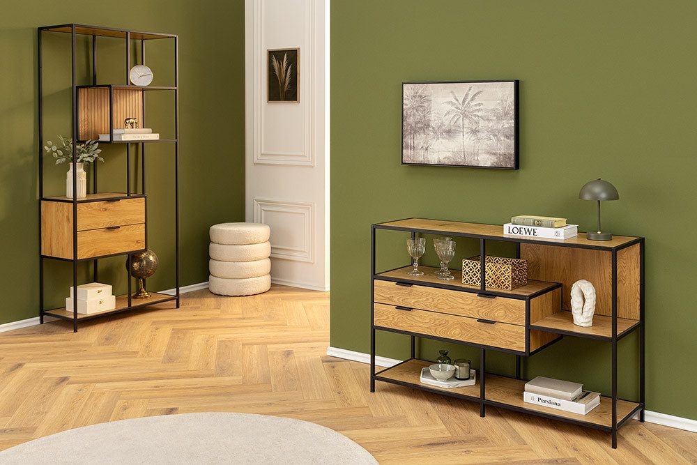 riess-ambiente Bücherregal SLIM LINE 115cm natur / schwarz · Raumteiler aus MDF und Metall, Einzelartikel 1-tlg., Mehrzweckregal fürs Wohnzimmer mit Schubladen · Industrial Design