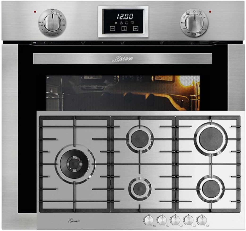 Kaiser Küchengeräte Backofen-Set Herd Set Autark Einbau Gasbackofen Autark, 79L, Grill, Drehspieß, 60 cm mit GURARI Gas-Kochfeld 90 cm, Edelstahl, 4,0 KW WOK EG 6372+GCH FG 905 VPGL, mit 1-fach-Teleskopauszug
