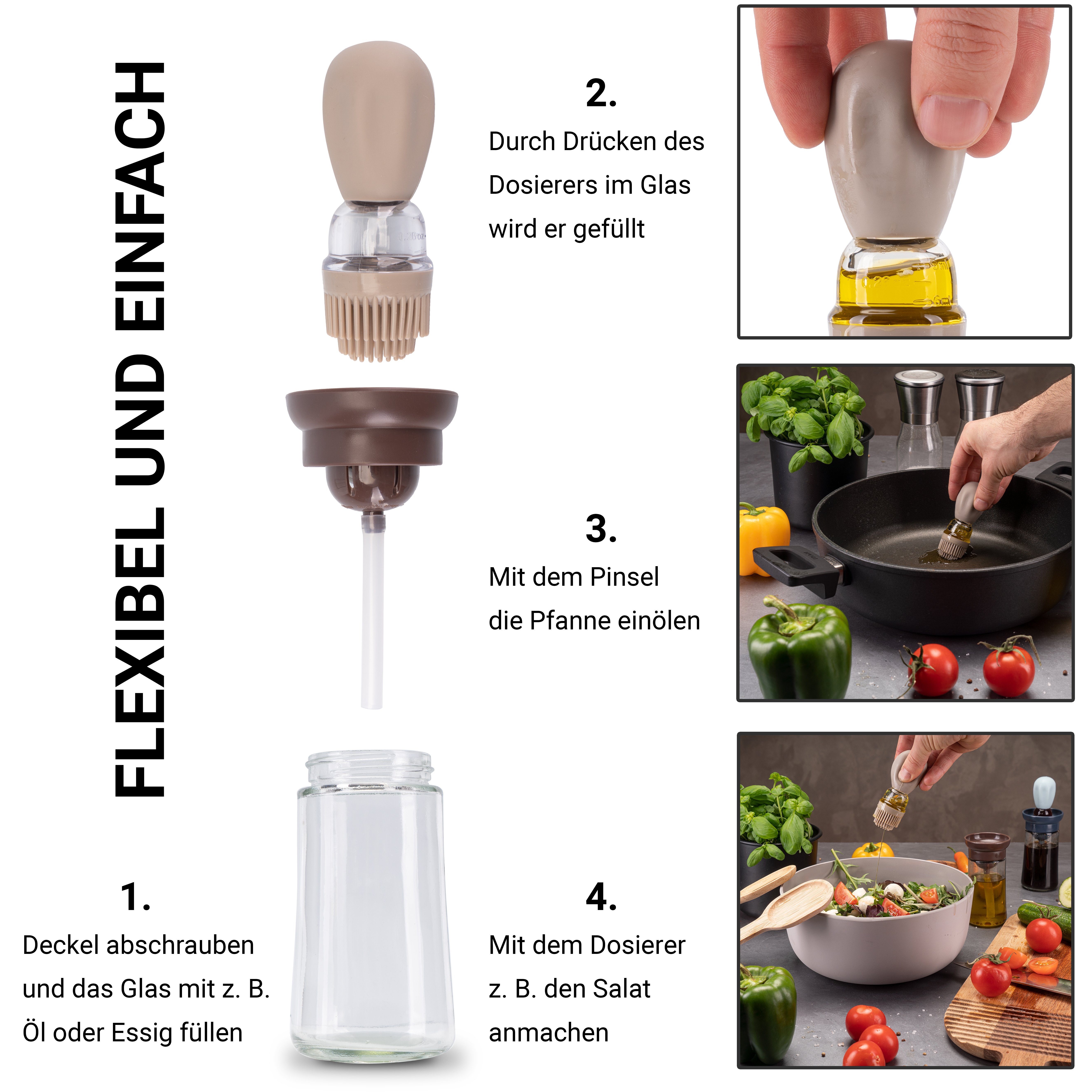 Fino Casa Ölspender 2 in 1 Ölspender, (2er Set: 1x Blau & 1x Beige mit Backpinsel mit Silikonpinsel, Ölsprüher Glasflasche zum befüllen mit 180ml Öl oder Essig)