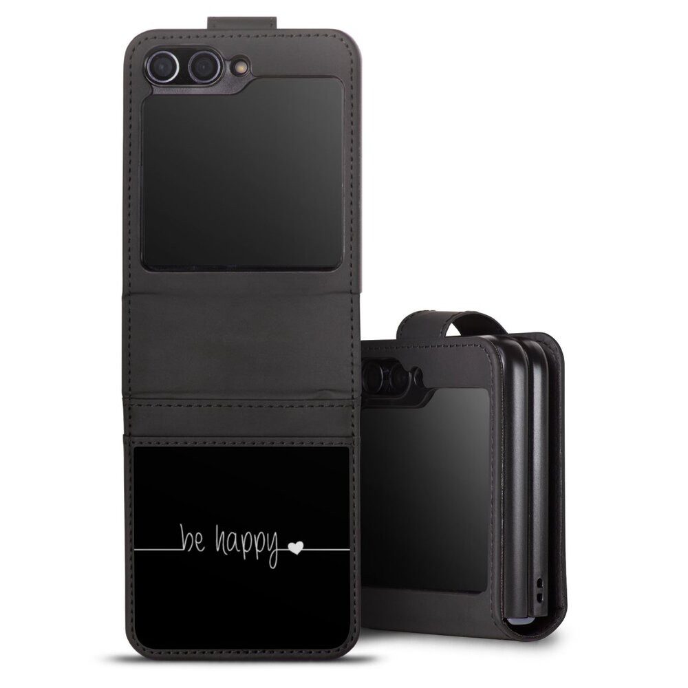 DeinDesign Handyhülle Statement Sprüche Glück Be Happy Black, Samsung Galaxy Z Flip 5 Hülle Handy Flip Case Wallet Cover
