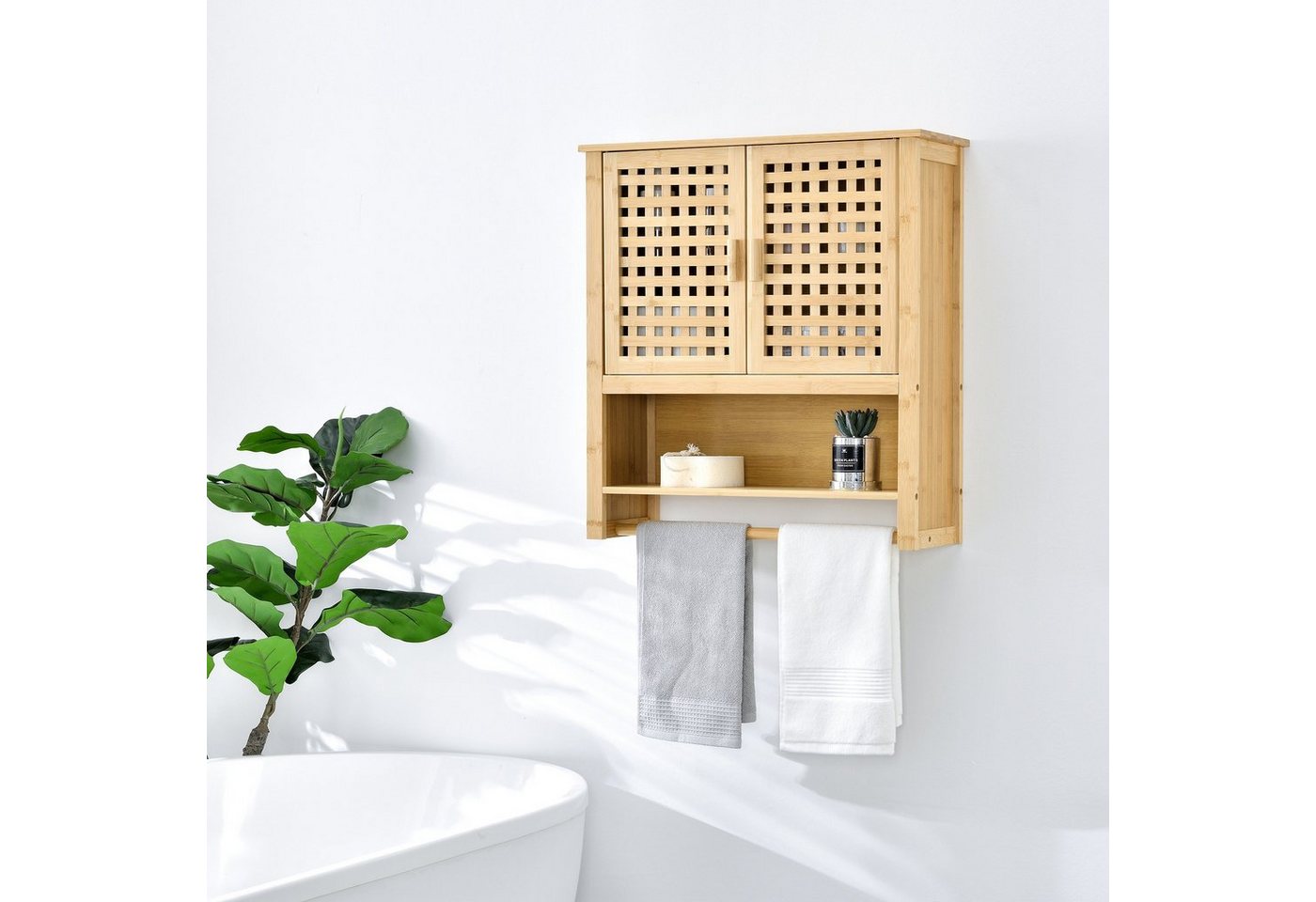 en.casa Hängeschrank Borlänge Bambus-Badschrank 66x62x20cm Natur