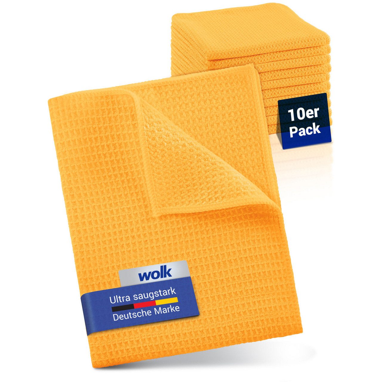 wolk Mikrofasertuch mit Waffelstruktur in orange - Reinigungstuch (Polyester, 38x38 cm, 10er-Set, hygienisch auf 90° waschbar)