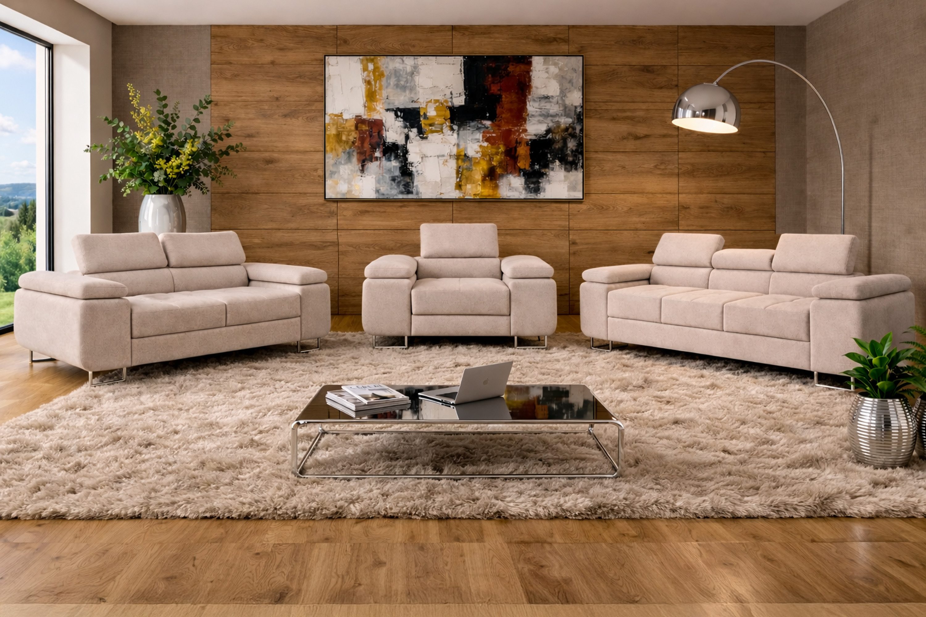 M-Punkt24 Polstergarnitur Sofa Wohnlandschaft DUBAI, (3-2-1, mit Bettfunktion, XL Sofa-Set, Bigsofa, Samt, Creme), Bestehend aus 3-Sitzer mit Bettfunktion, 2-Sitzer, Sessel