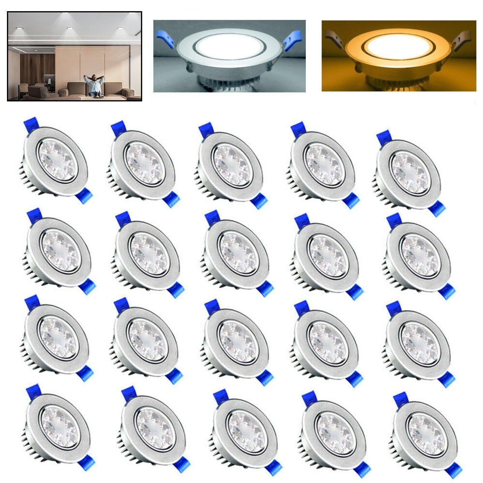 LETGOSPT LED Einbauleuchte 20er Set LED Einbaustrahler 230V Flach LED Spot Drehbar Deckenstrahler, LED fest integriert, warmweiß, kaltweiß, 3W Badleuchte Einbauspot Aluminium Deckenspot,für Wohnzimmer, Küche