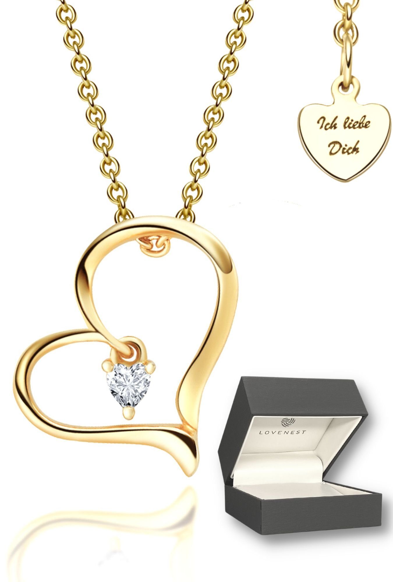 LOVENEST Herzkette »Halskette Damen Gold (vergoldet), 2-in-1 Kette mit  Herz-Anhänger«