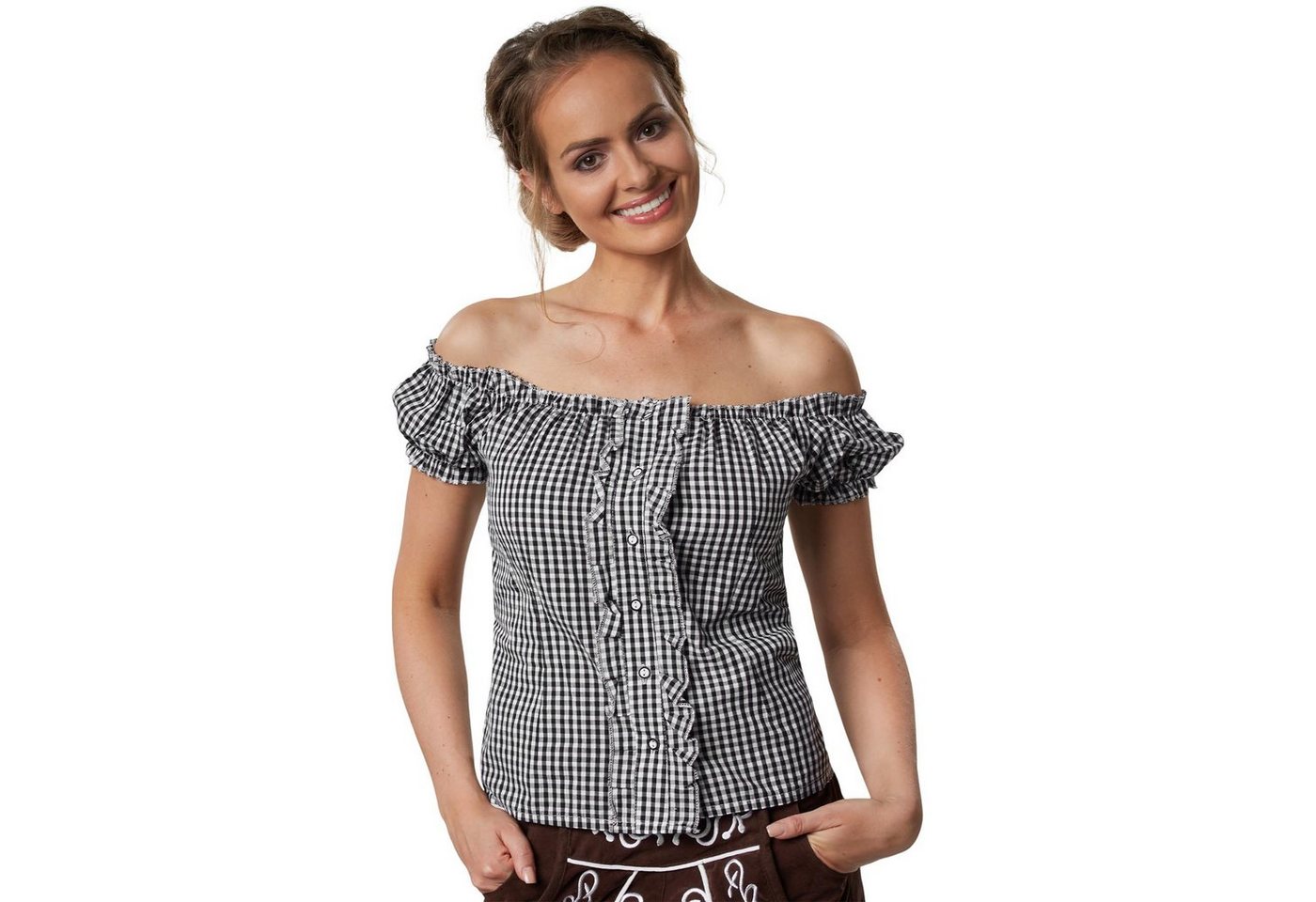 dressforfun Trachtenbluse Kurzärmelige Dirndlbluse aus reiner Baumwolle mit Carmen-Ausschnitt (Landhausbluse Stefferl, in schwarz/weiß) Rüschen-Knopfleiste, Rückenschnürung, elastische Züge für guten Sitz