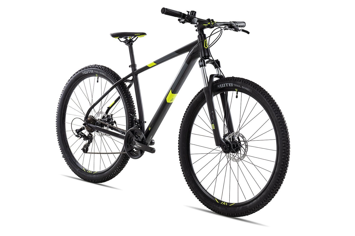 Mountainbike matt/grey/neon Kettenschaltung, SANDEE Axess schwarz/grau Tourney Shimano 2022, RD-TX800-7 Gang MTB-Hardtail 21 Schaltwerk, yellow black