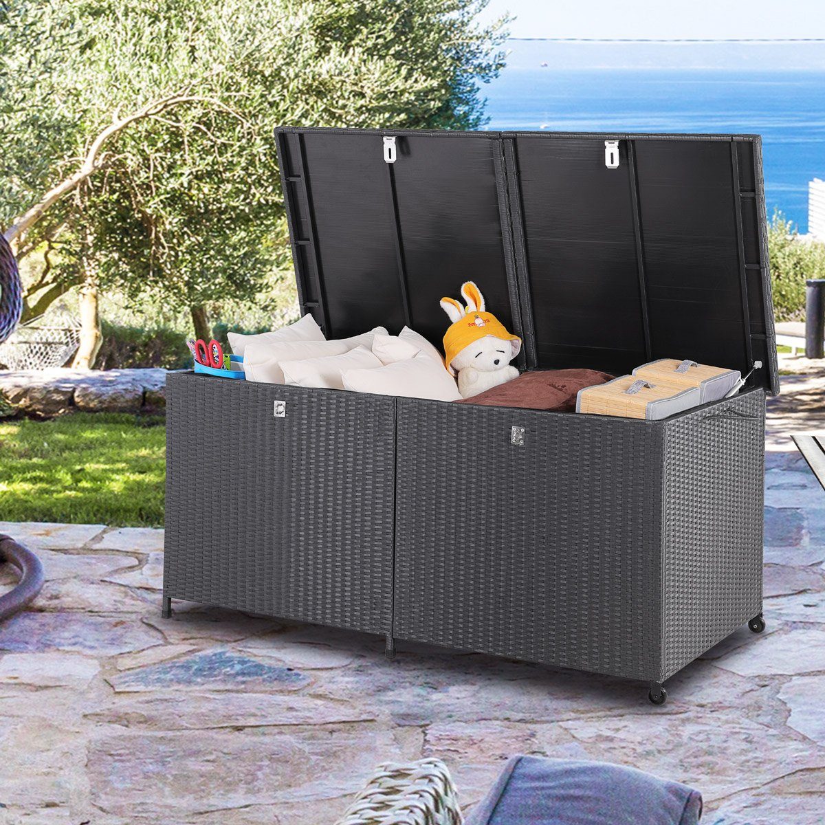 Casaria Auflagenbox (1 St), Poly Rattan XXL 150 x 77 x 73cm Rollbar