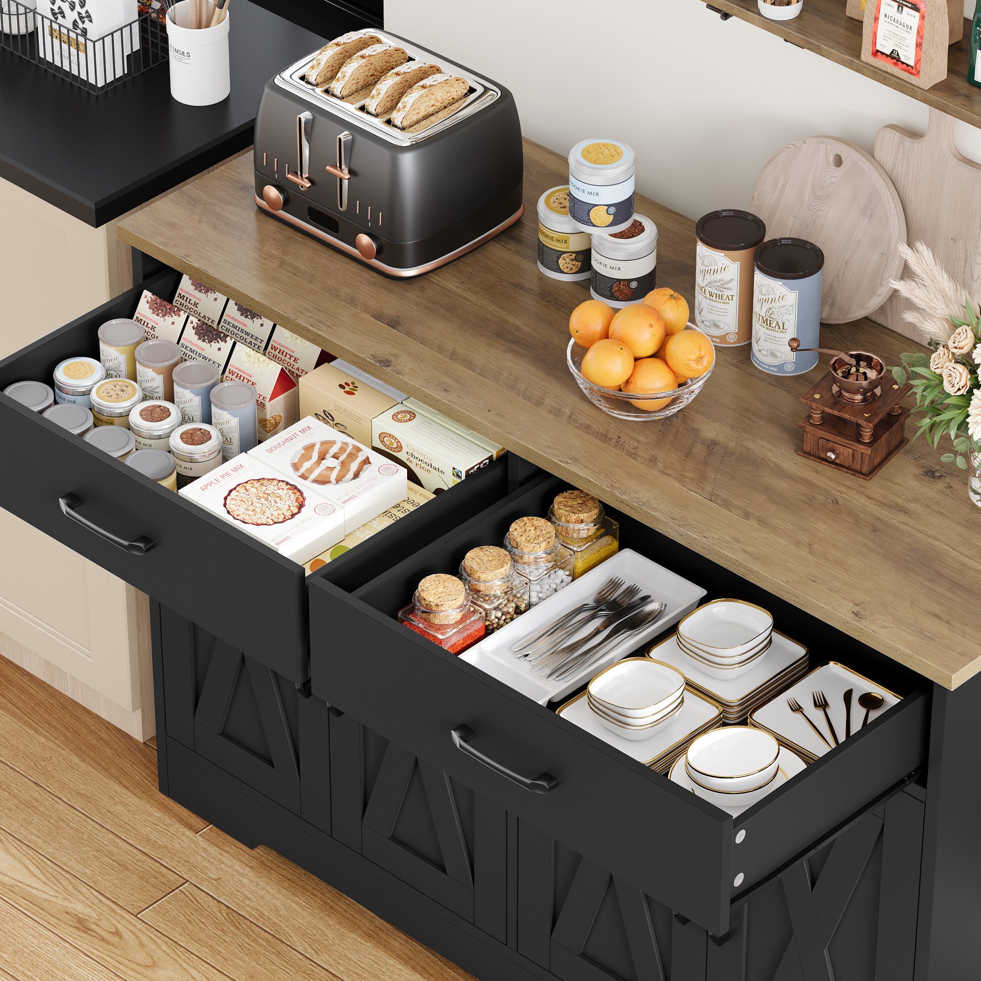 HOMECHO Buffet 120cm Breit Küchenschrank mit Arbeitsplatten, 2 Schubladen, 4 Türen – Bild 4 von 5