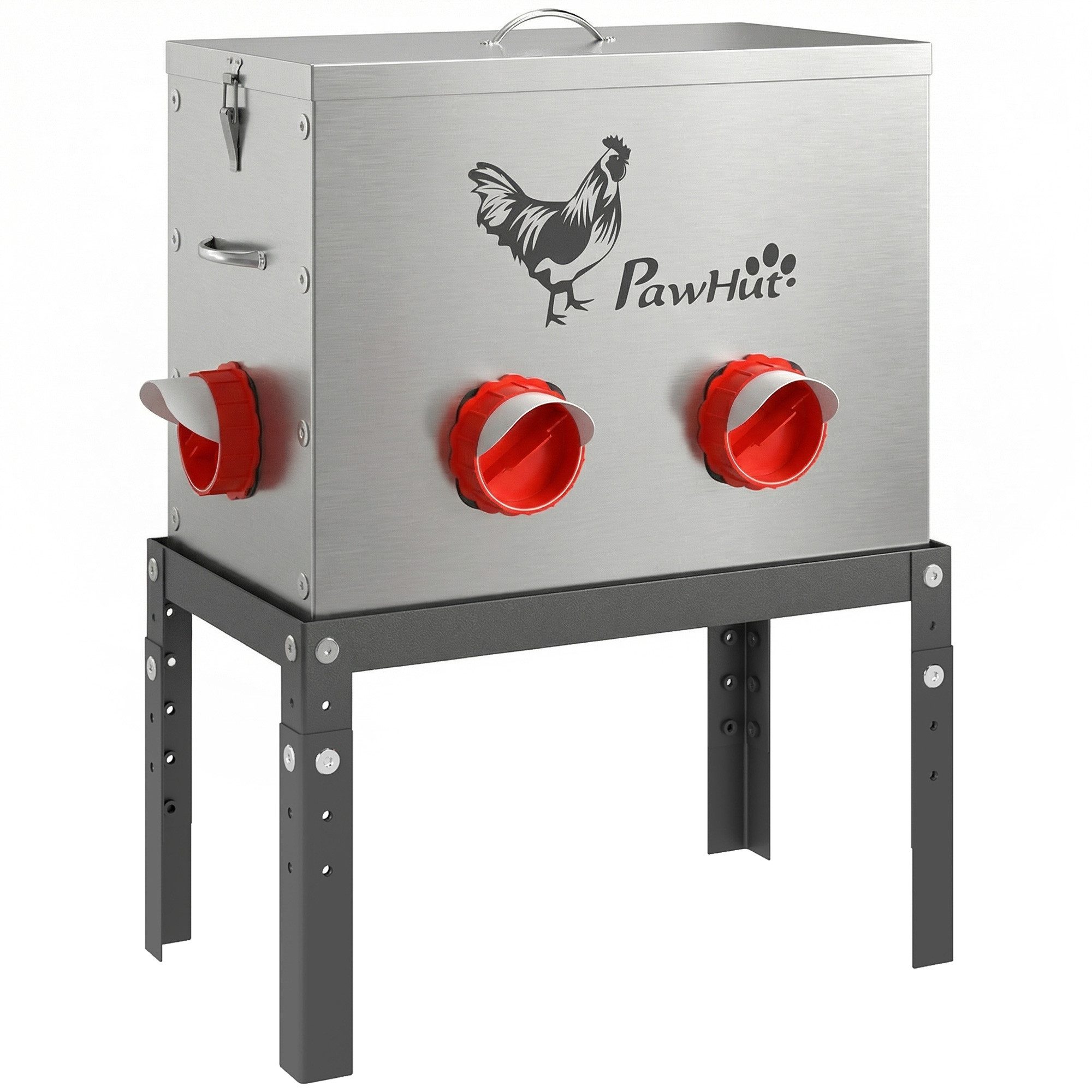 PawHut Futterautomat Hühner Futterspender mit abschließbarer Deckel verstellbarer Beine, 18 kg Füllmenge Silber 42 x 25 x 55,5 cm