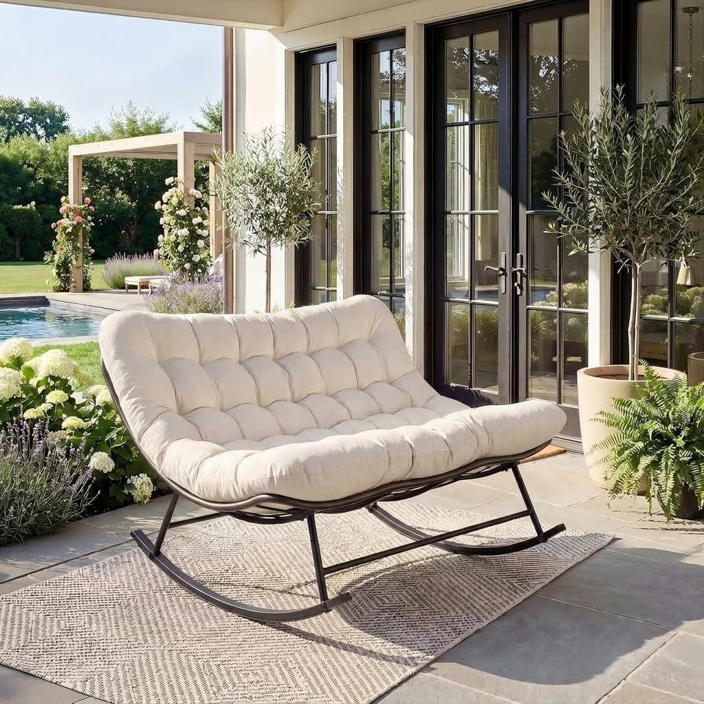 GarveeMore Schaukelstuhl Für Garten & Terrasse Mit dickem Kissen,Metallrahmen,Doppelsitz, Robuster Schaukelstuhl, bis 204 kg belastbar, wasserabweisendes Gewebe