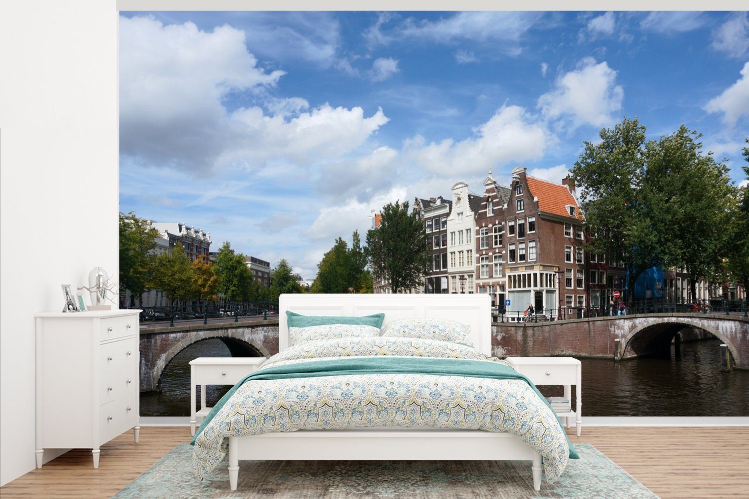 MuchoWow Fototapete Die Keizersgracht in Amsterdam unter einem blauen Himmel mit Wolken, Matt, bedruckt, (7 St), Montagefertig Vinyl Tapete für Wohnzimmer, Wandtapete