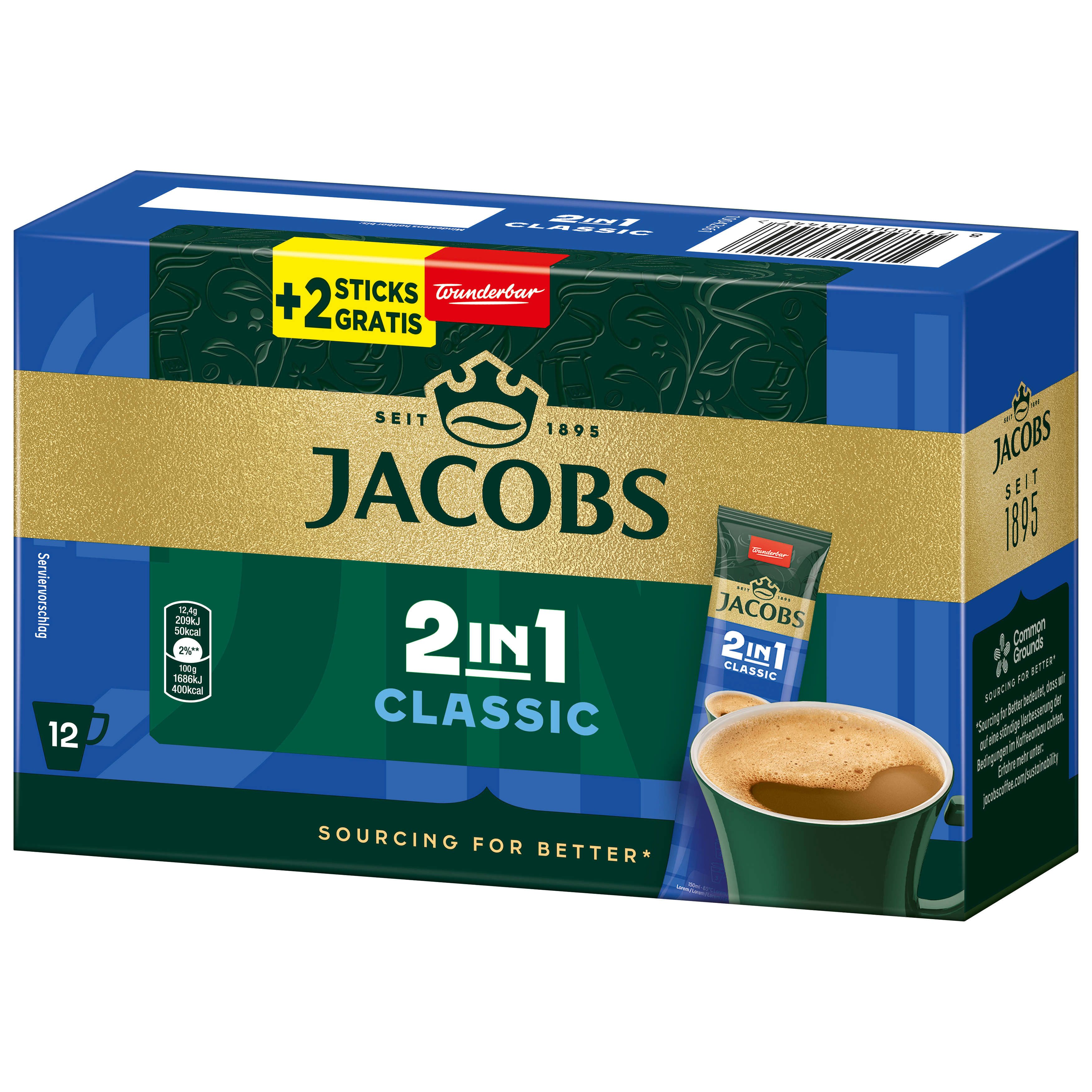 JACOBS Kaffee Löskaffee 2in1 Classic löslicher Kaffee Instantkaffee 12 x 10+2 Sticks, 1786 g, (Packung, 12er Pack) – Bild 4 von 5